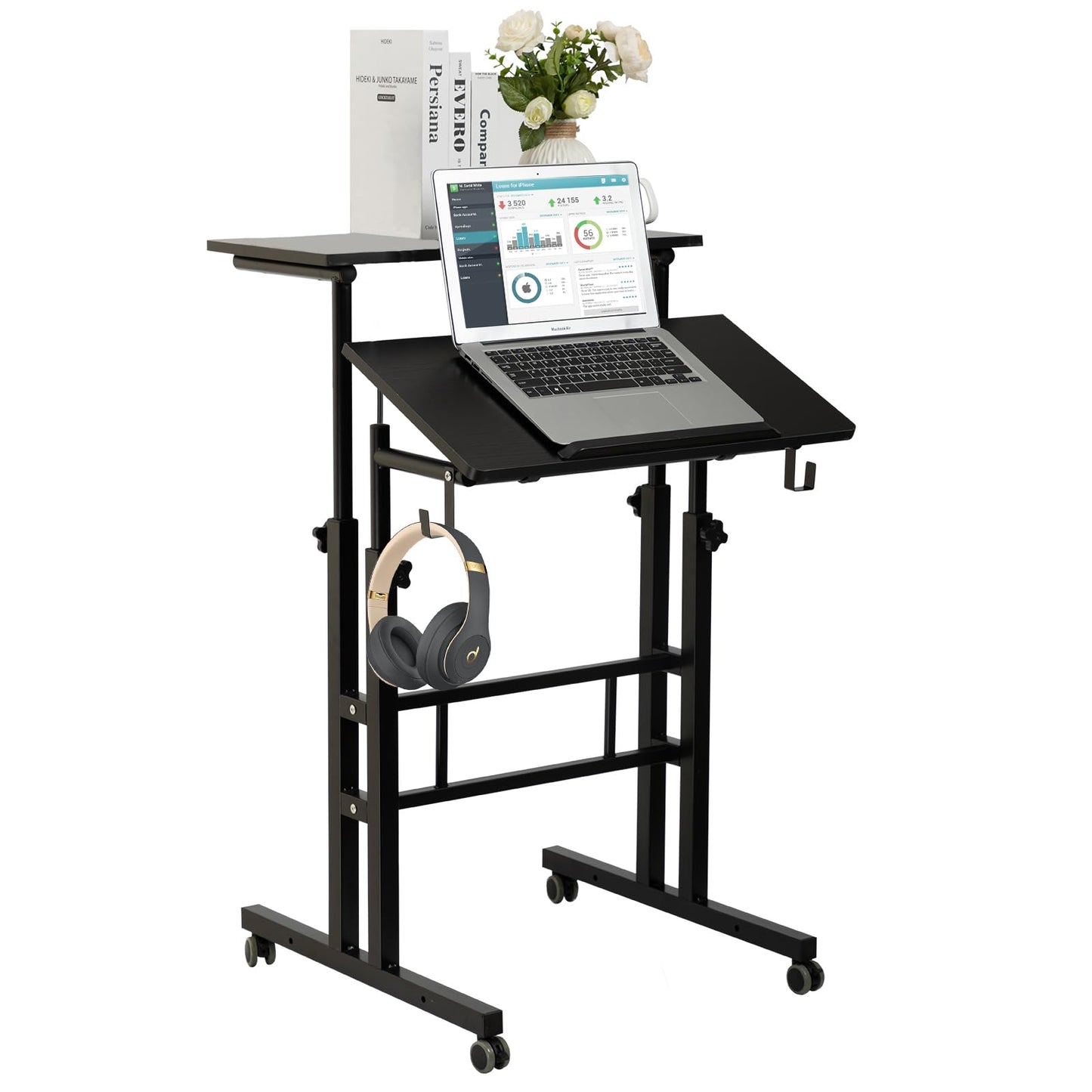 SIDUCAL Mobile Standing Desk, Portable Stand Up, Small Adjustable Converter with Wheels Home Office Workstation, Rolling Desk Laptop Cart for Standing or Sitting, Black