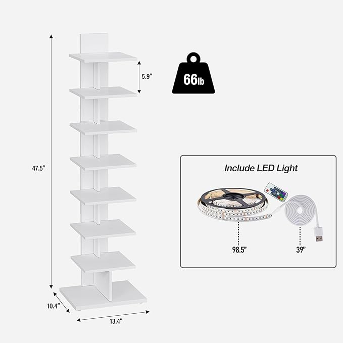 TUTOTAK Narrow Bookshelf, 8-Tier Bookcase