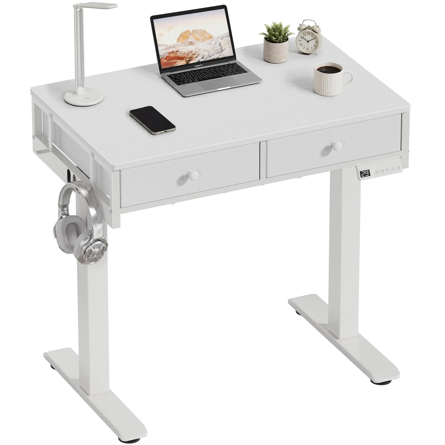 White Electric Standing Desk with Drawers, 32 Inch Small Adjustable Desk with Storage, Stand Up Computer Study Writing Desks for Small Space Home Office Bedroom, Sit Stand Work Desks for Walking Pad
