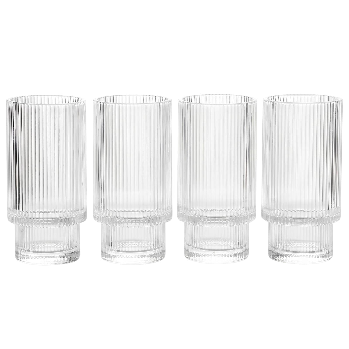 Vintage Art Deco Crystal Highball Ribbed Glass Set of 4 - Ripple, Collins Glassware 14oz Classic Crystal Cocktail Glasses Perfect for Water, Champagne, Beer, Juice, Tom Cocktails - Barware Tumblers