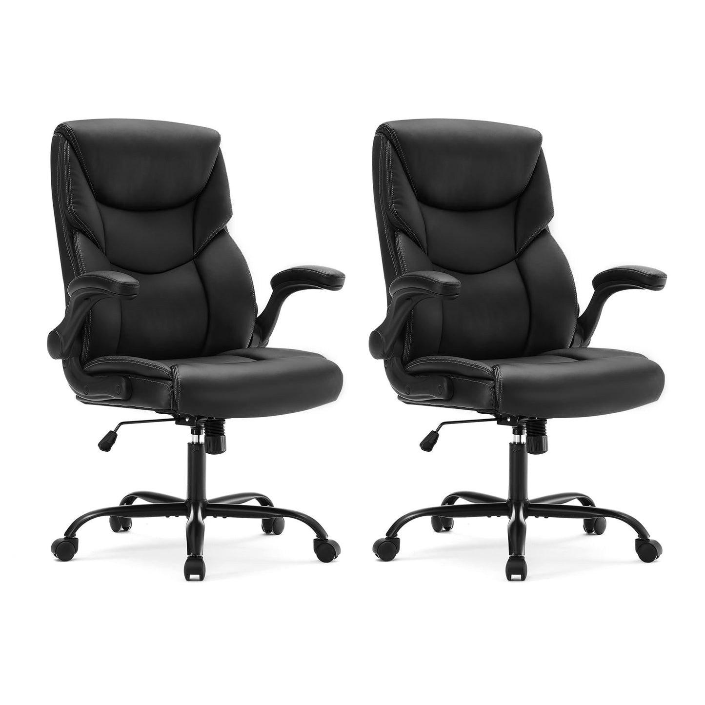 DUMOS Office Chair Set of 2 - Ergonomic Executive Computer Desk Chairs with Adjustable Flip-up Armrest, Swivel Task Chair with Lumbar Support, Strong Metal Base, PU Leather, Black