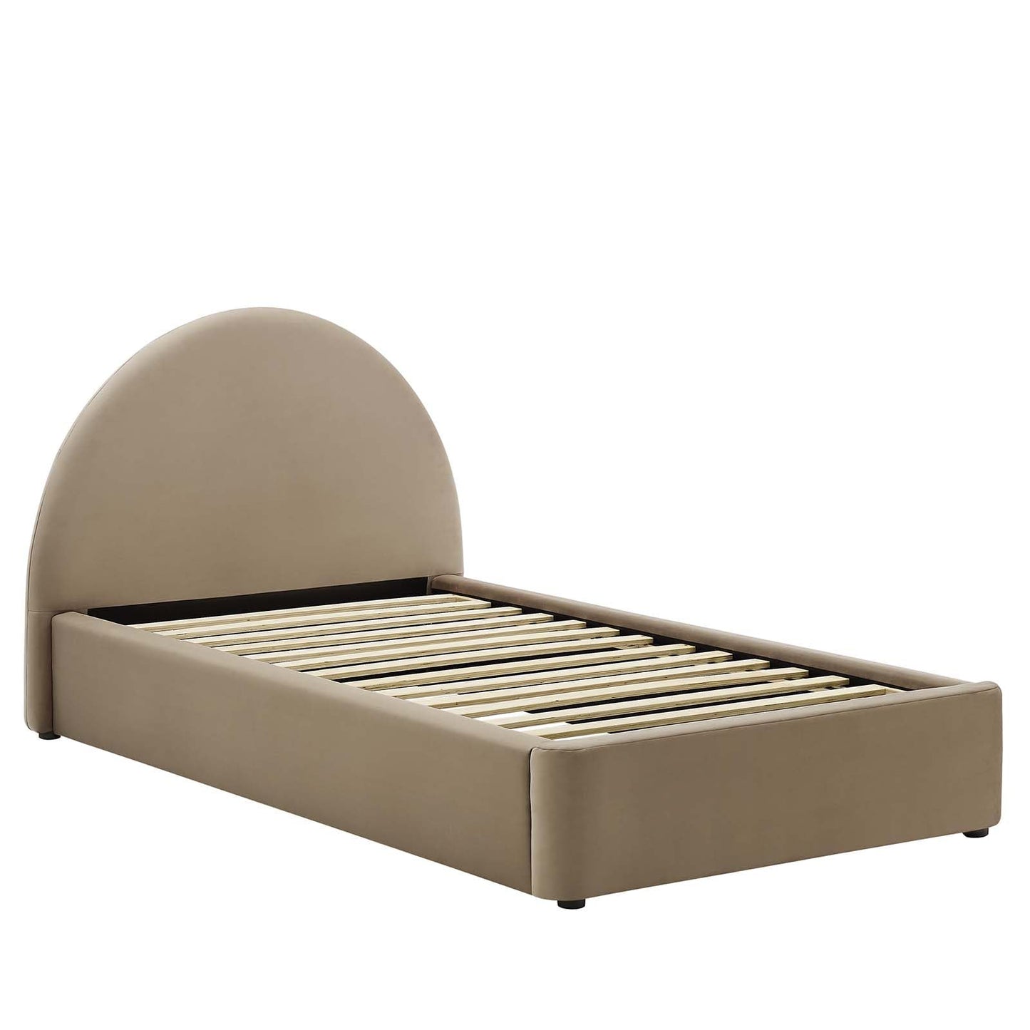 Modway Resort Twin Size Platform Bed with Arch Shaped Round Headboard in Taupe, Upholstered Bed Frame, Stain-Resistant Performance Velvet, Soft Cloud Bed Frame, No Box Spring Needed, Strong Wood Slats