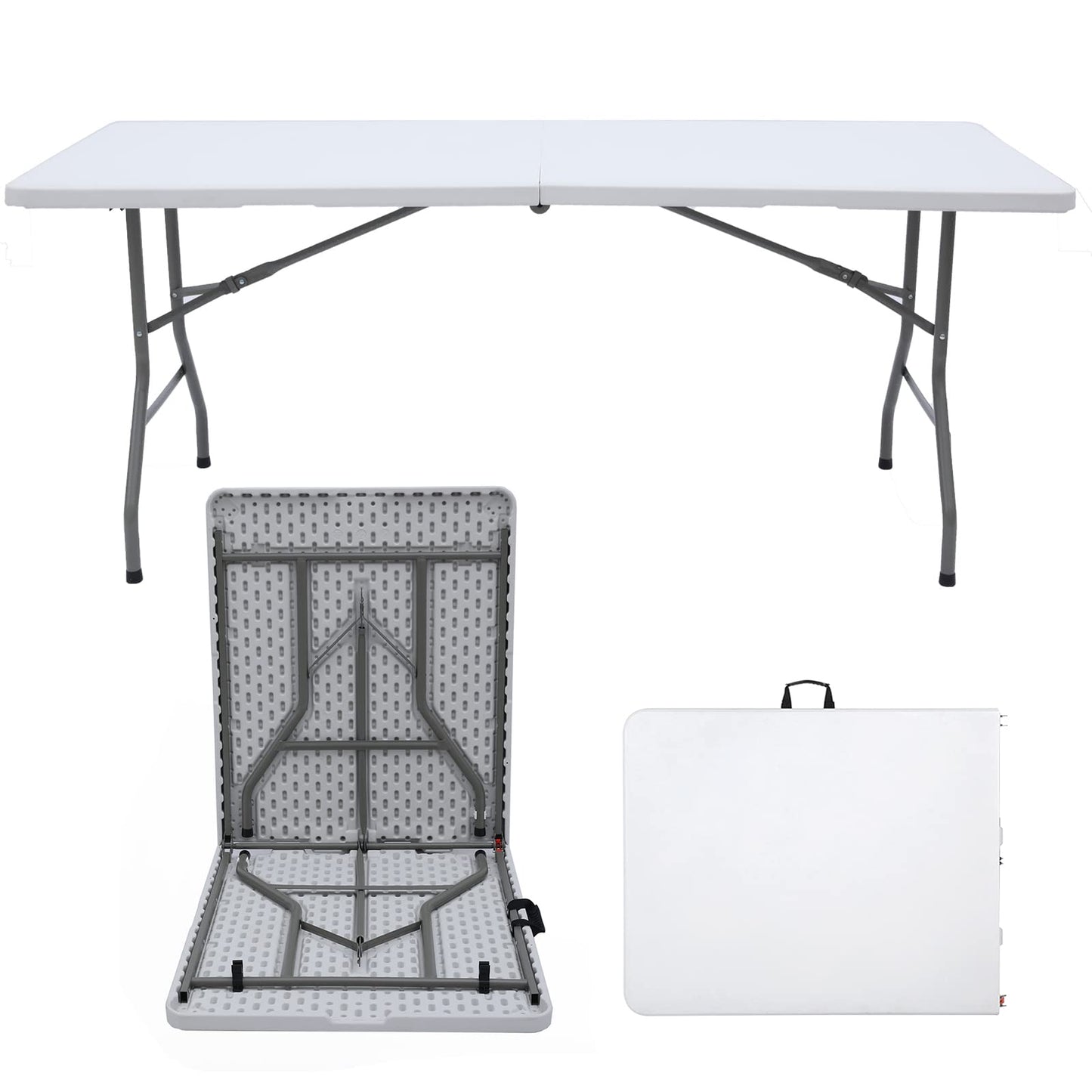Vampire Killer Folding Table 6ft Foldable Table with Built in Handle & Steel Legs / 6FT Heavy Duty Folding Portable,Perfect for Party, Dining Indoor/Outdoor Events, Tailgating & Backyard BBQ, White