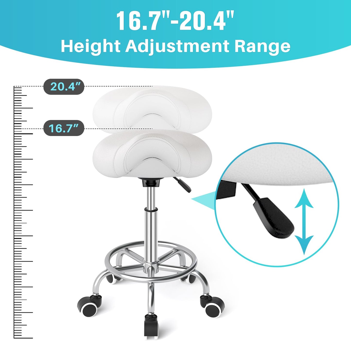 YEEZEE Saddle Stool Ergonomic- Comfortable Rolling Saddle Stool with Wide Thick Saddle Seat Padding, Swivel Adjustable Saddle Chair with Wheels and Ring Pedal for Medical Massage Salon (Classic White)