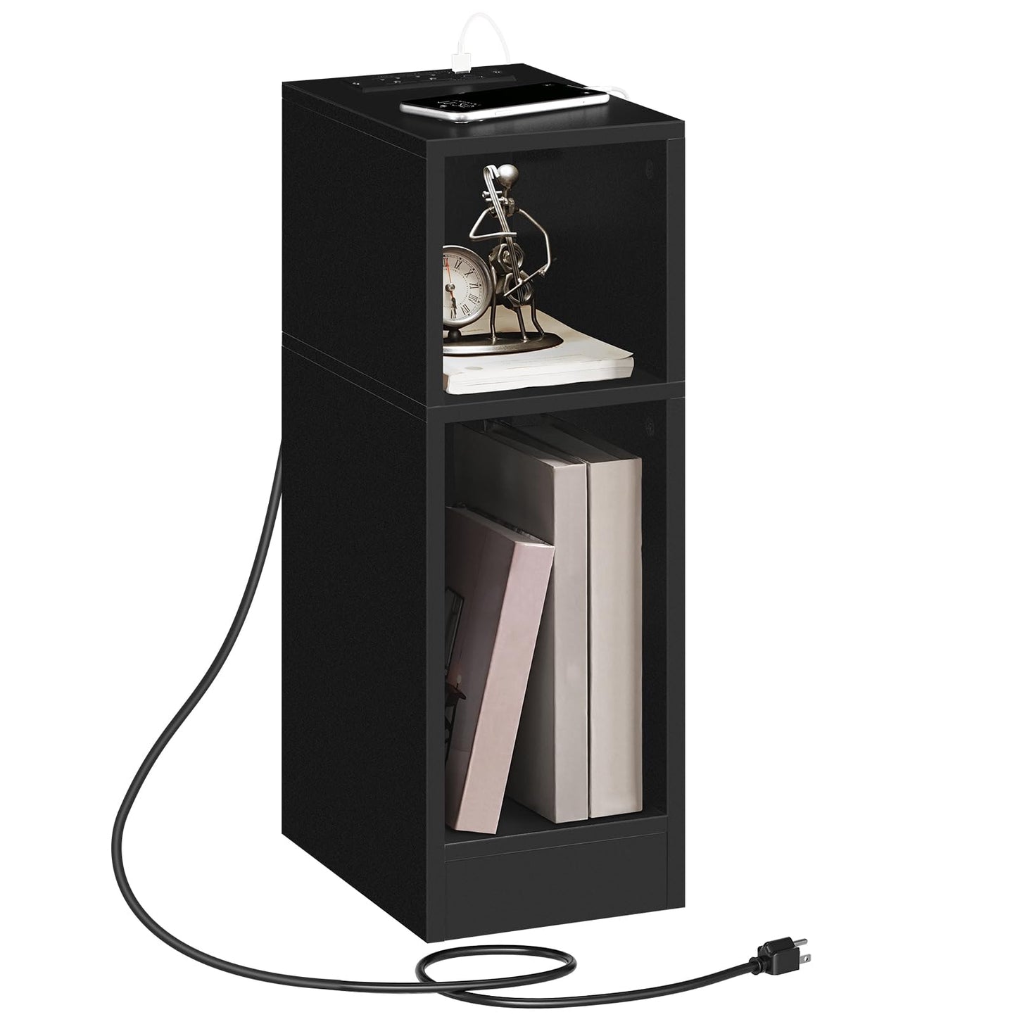 MAHANCRIS Narrow Nightstand, Narrow End Table with Charging Station, Skinny Bedside Table for Small Spaces, Mid Century Modern Night Stand for Bedroom, Living Room, Black ETBK30E01