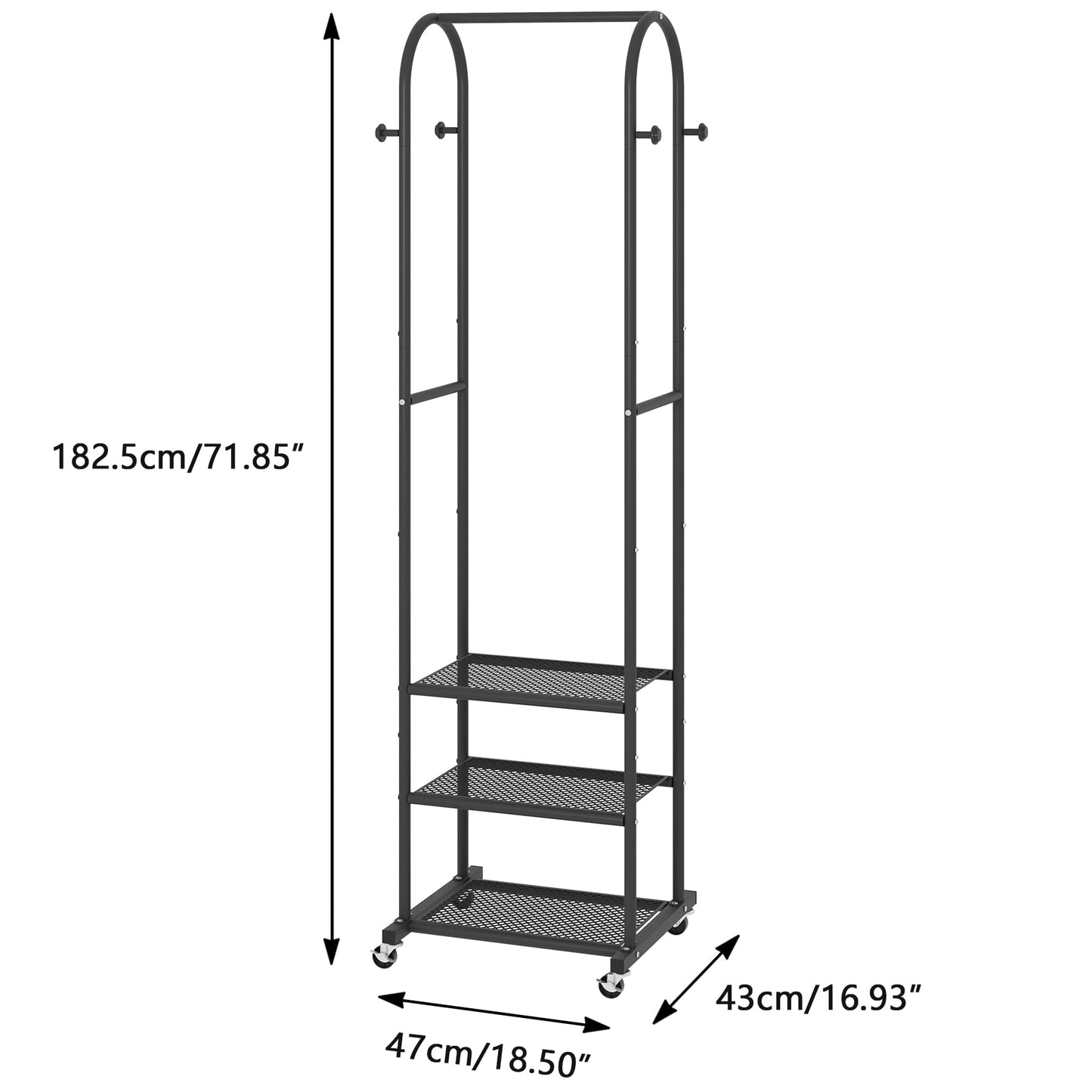 Kaitiemoo Heavy Duty Clothing Rack with Wheels,Modern Garment Rack with 3 Metal Shelves, 71.8Inches Display Rack for Hanging Clothes, Hanging Rod for Small Space,Black