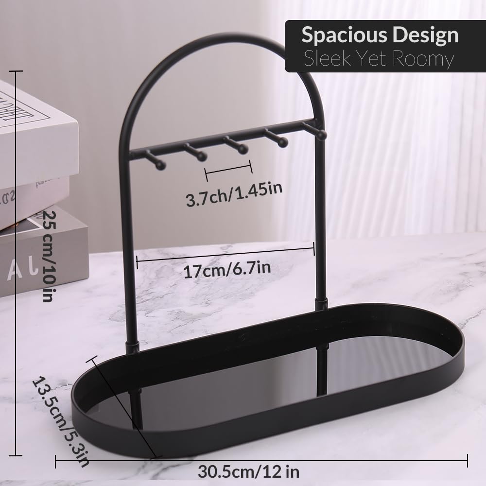 Shinpuru Metal Jewelry Organizer Stand & Key Holder Tray with Acrylic Base, Key Stand and Jewelry Tray with 5 Hooks, Perfect Bowl, Valet, Key Tray, Ring Holder, Jewelry Dish(Matt Black)