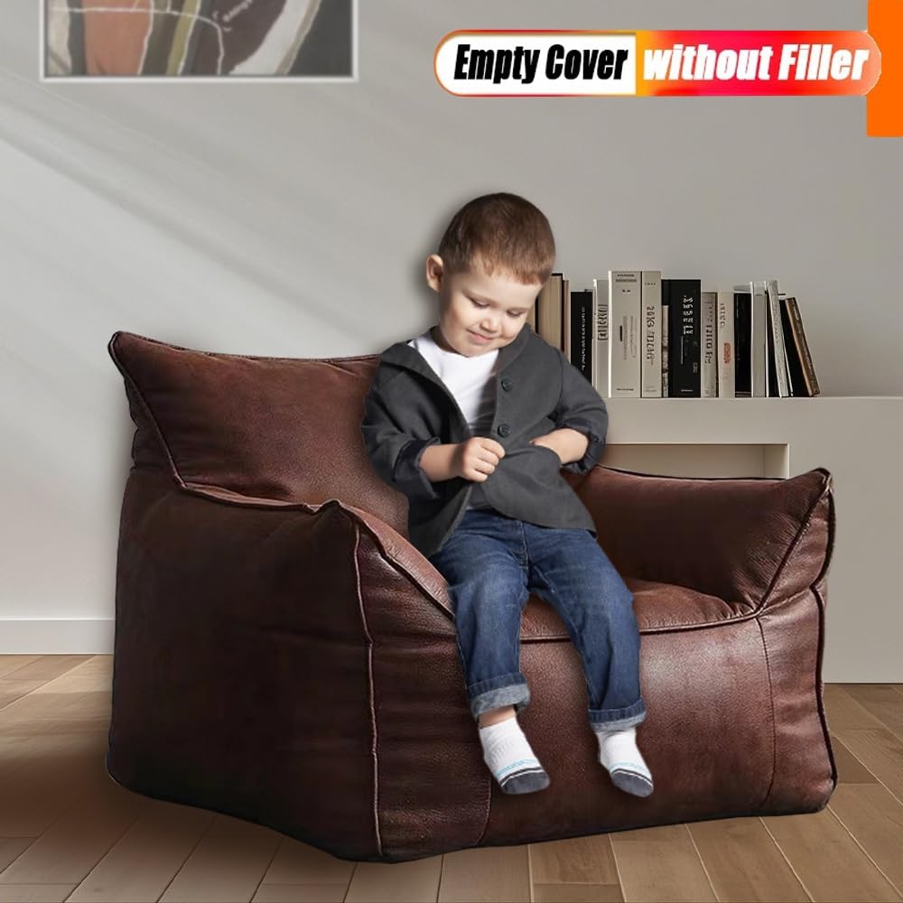 Bean Bag Chair Bean Bag Cover （No Filler） Luxury Single Lazy Sofa Cover PU Faux Suede Leather Bean Bag Pouf Chair for Bedroom Living Room Garden, Bean Bag Cover (Color : Retro Brown)