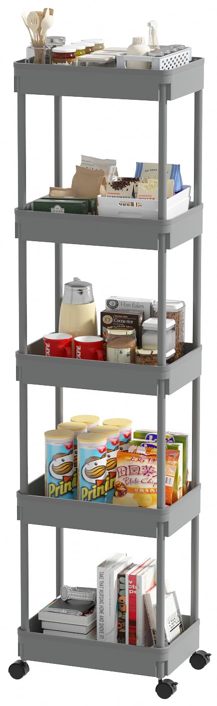 Sooyee 5-Tier Plastic Rolling Utility Cart with Wheels, Multi-Functional Storage Trolley for Office, Living Room, Kitchen, Movable Storage Organizer with Wheels,Grey
