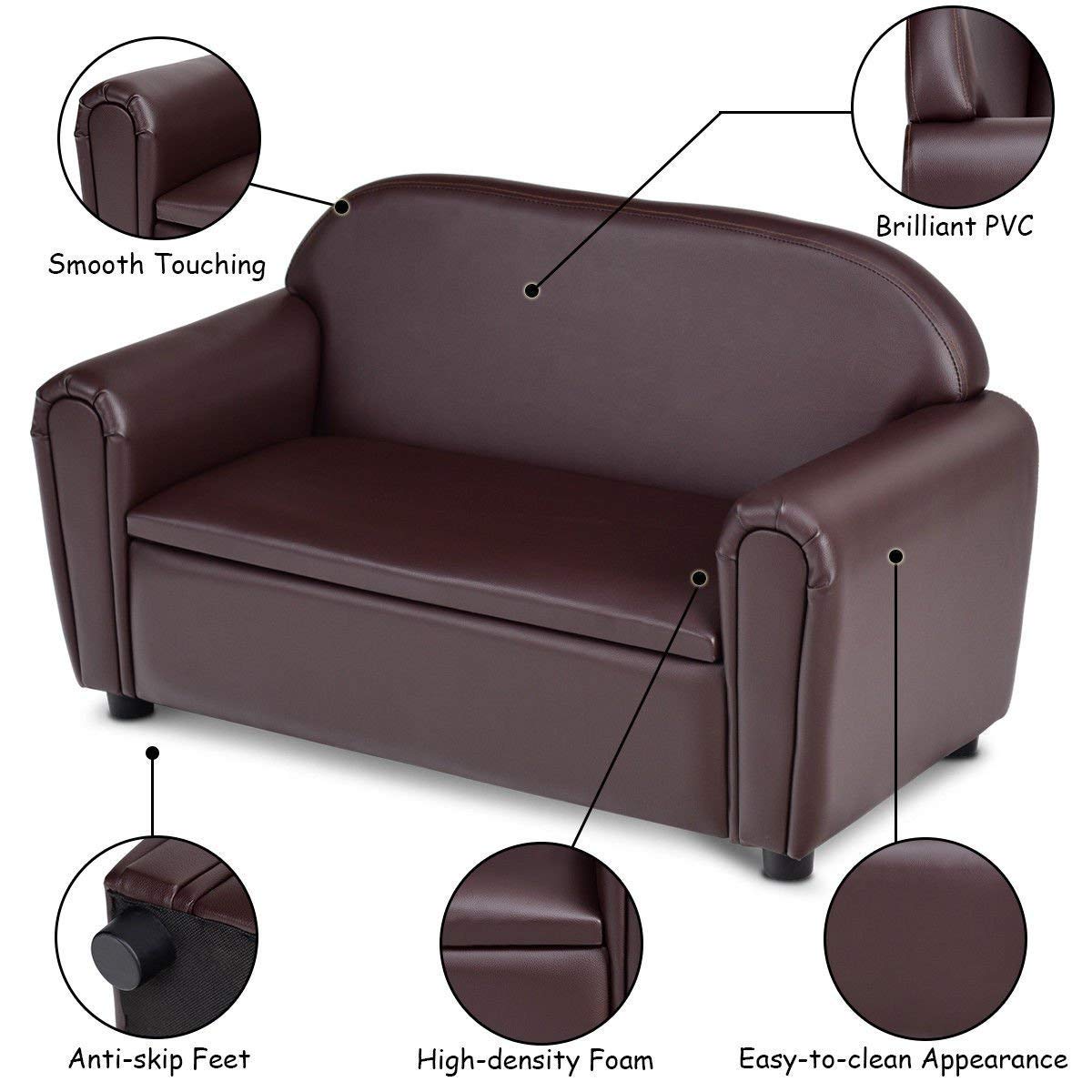 Costzon Kids Couch, 2 in 1 Double Seat Children's Sofa w/Under Seat Storage, PU Leather Surface, Toddler Armrest Chair, Kids Room, Soft Sofa with Storage for Preschool Baby Boys Girls Gifts