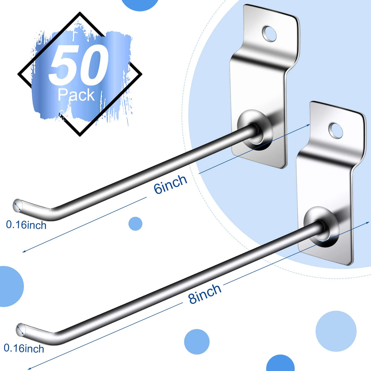 Moxweyeni 100 Pack Slatwall Hooks, 6 and 8 Inch Slatwall Accessories, Metal Panel Wall Hooks Pegs Hanging Hangers Thickness Slat Pegs for Garage Shop Retail Display(Silver)