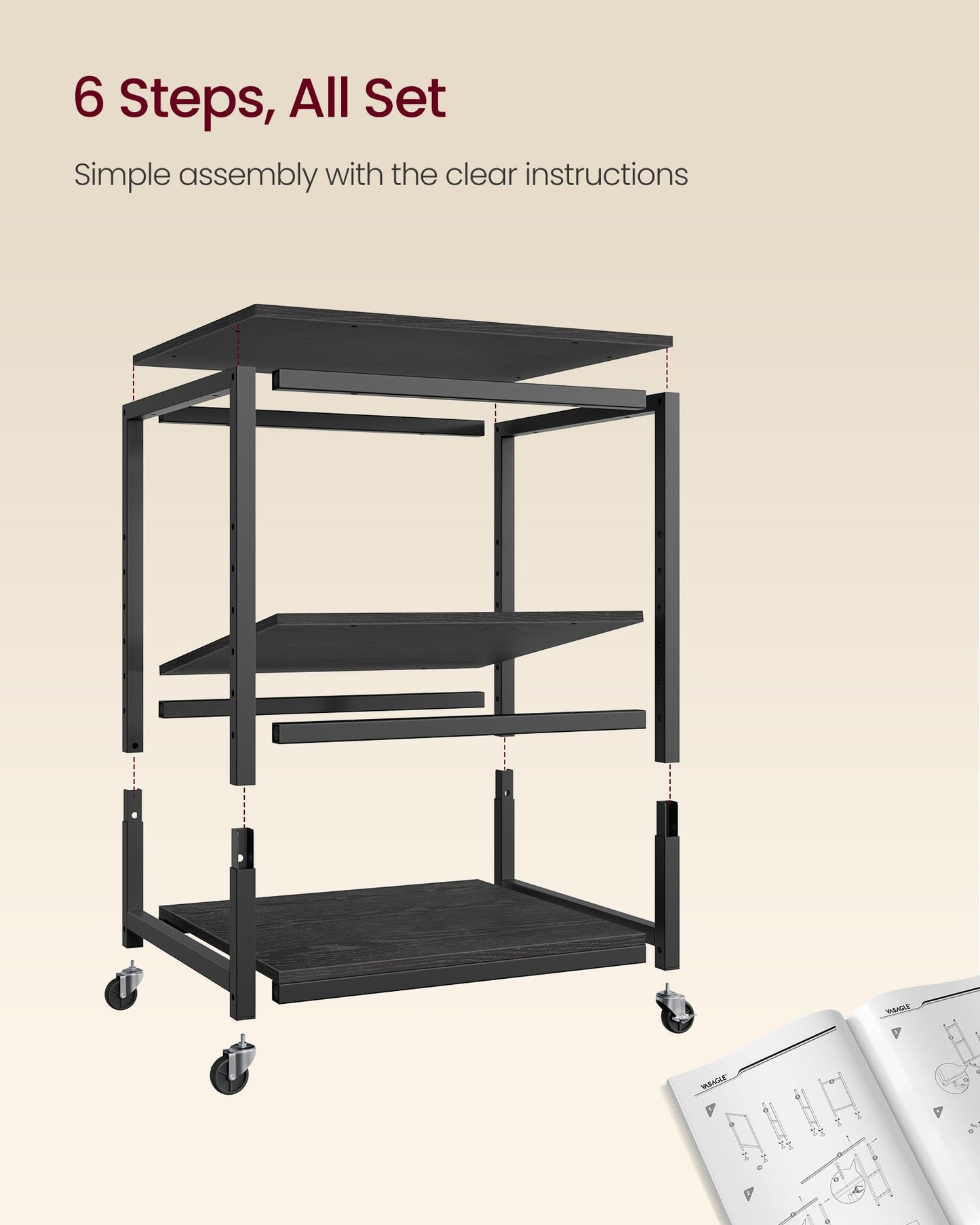 VASAGLE Printer Stand with Locking Wheels, Industrial Mobile Cart, Under Desk Printer Table for Home Office, 23.6 x 19.7 x 29.6 Inches, Storage Shelf, 3-Tier, Ebony Black