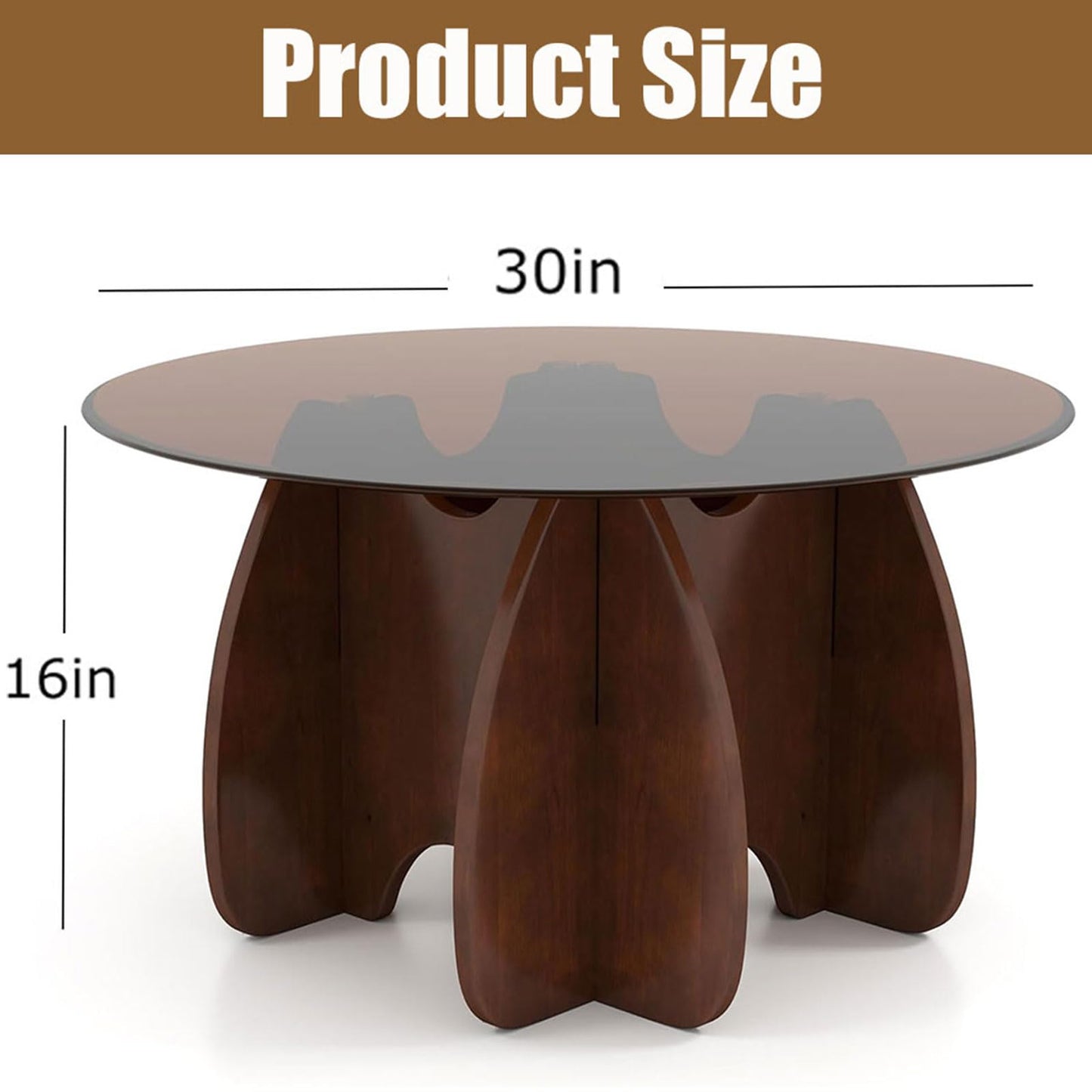 RUBAPOSM Round Glass Coffee Table - 30 Inch Diameter Brown Tempered Top with Walnut Solid Wood Legs - Modern Mid Century Center Trestle for Living Room Small Spaces and Minimalist Home Decor Furniture