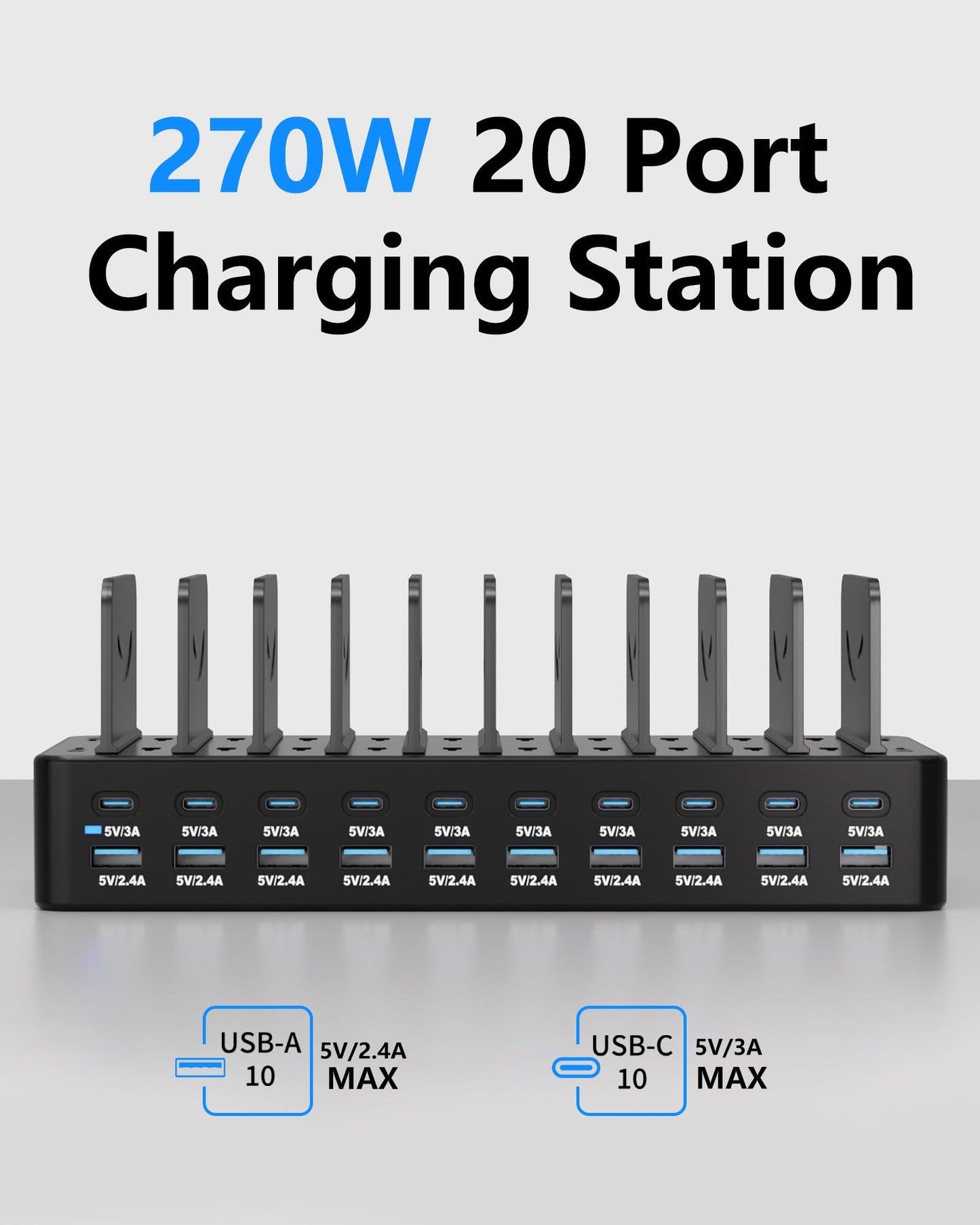 270W Charging Station for Multiple Devices, 20-Port USB Fast Charging Station with Adjustable Dividers & 10 Cables, Multi Device Organizer Charging Dock for iPhone, iPad, Tablets & More(Black)