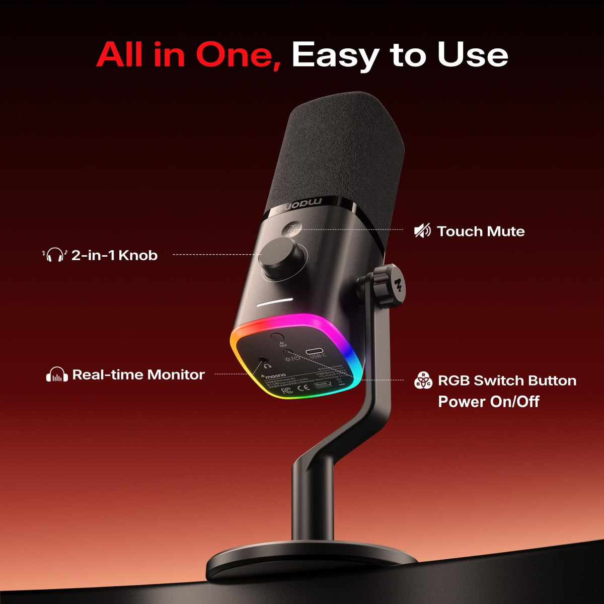 MAONO PD100W USB Wireless Microphone for PC, Gaming Streaming Dynamic Mic with One-Click Noise Reduction,Mute Button,Custom RGB, 3.5mm Headphone Jack, Desktop Podcasting Mic for Computer Phone, Black