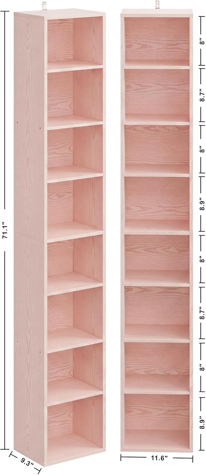 IRONCK Tall Narrow Bookshelf 8 Tiers 71in Set of 2, Compact Corner Bookcase
