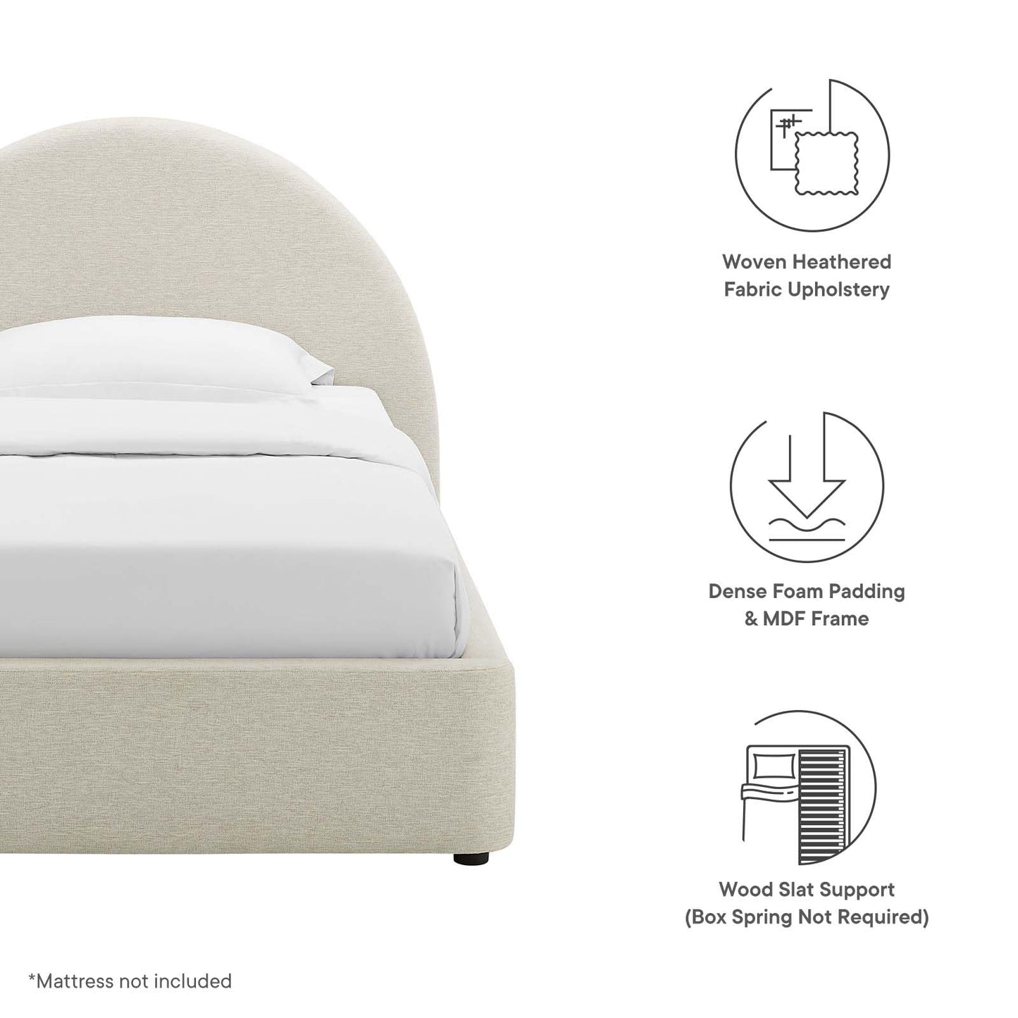 Modway Resort Twin Size Platform Bed with Arch Shaped Round Headboard in Heathered Weave Ivory, Woven Heathered Fabric Upholstery, Soft Cloud Bed Frame, No Box Spring Needed, Strong Wood Slats