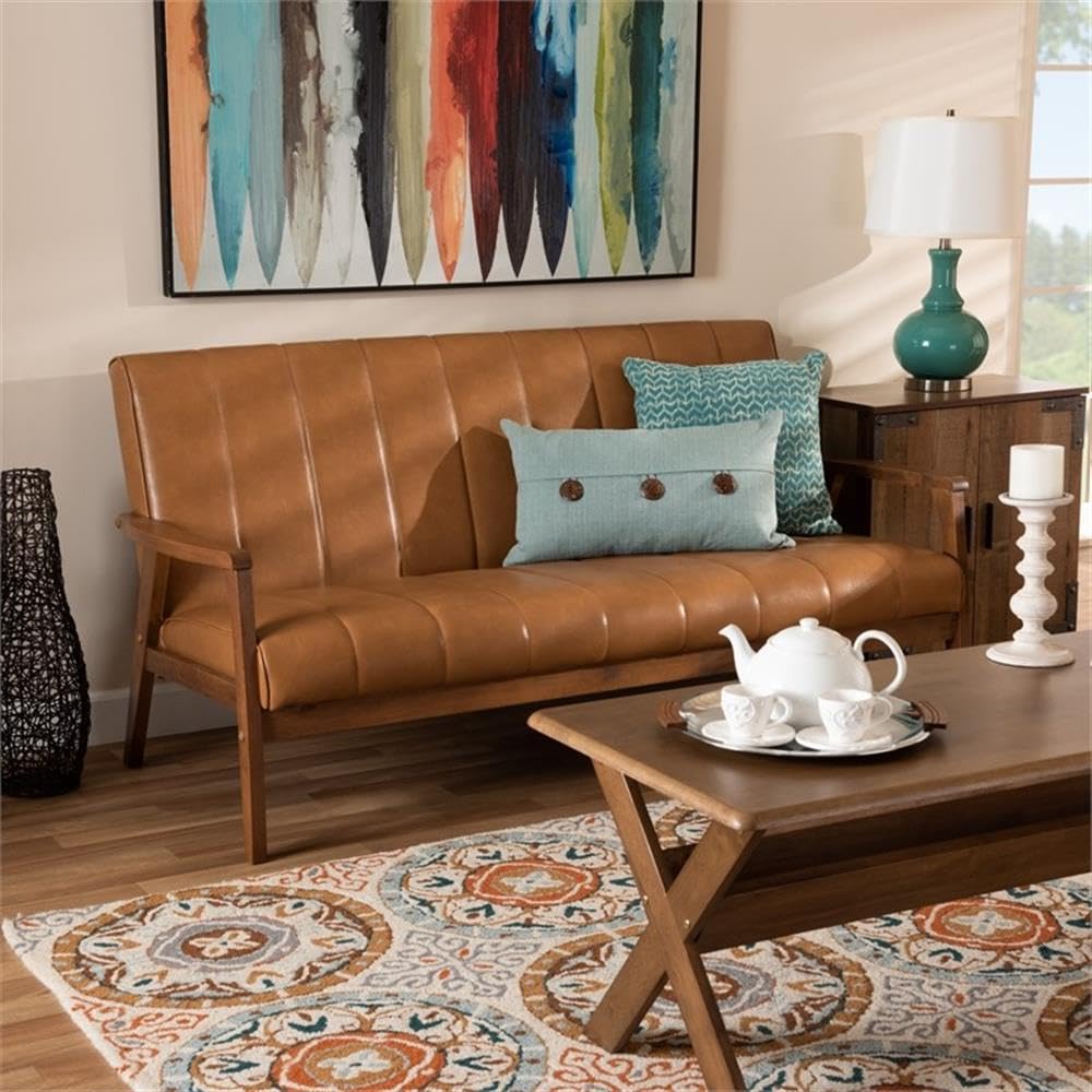 Baxton Studio Nikko Mid-century Modern Tan Faux Leather Upholstered and Walnut Brown finished Wood Sofa