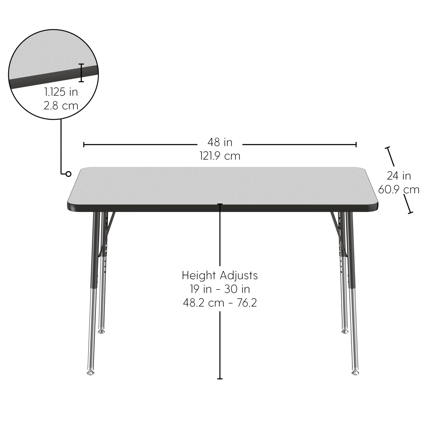 FDP Rectangle Activity School and Office Table (24 x 48 inch), Standard Legs with Swivel Glides, Adjustable Height 19-30 inches - Gray Top and Black Edge