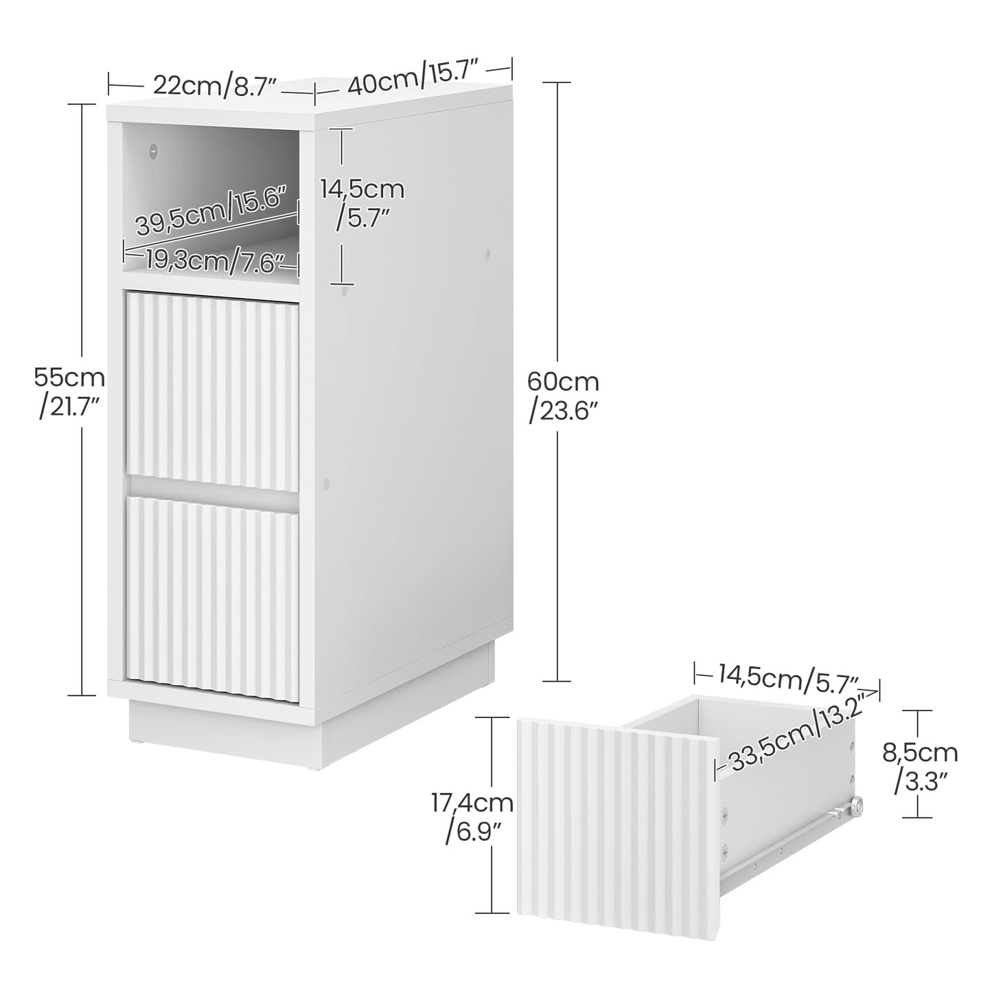 CHOEZON 8.7" Narrow Fluted Nightstand, Small Bedside Table with Drawers, Skinny Side Table, Modern Nightstand with 1 Semi-Open Shelf, Floating End Table, for Living Room, Bedroom, White MBZ12WB