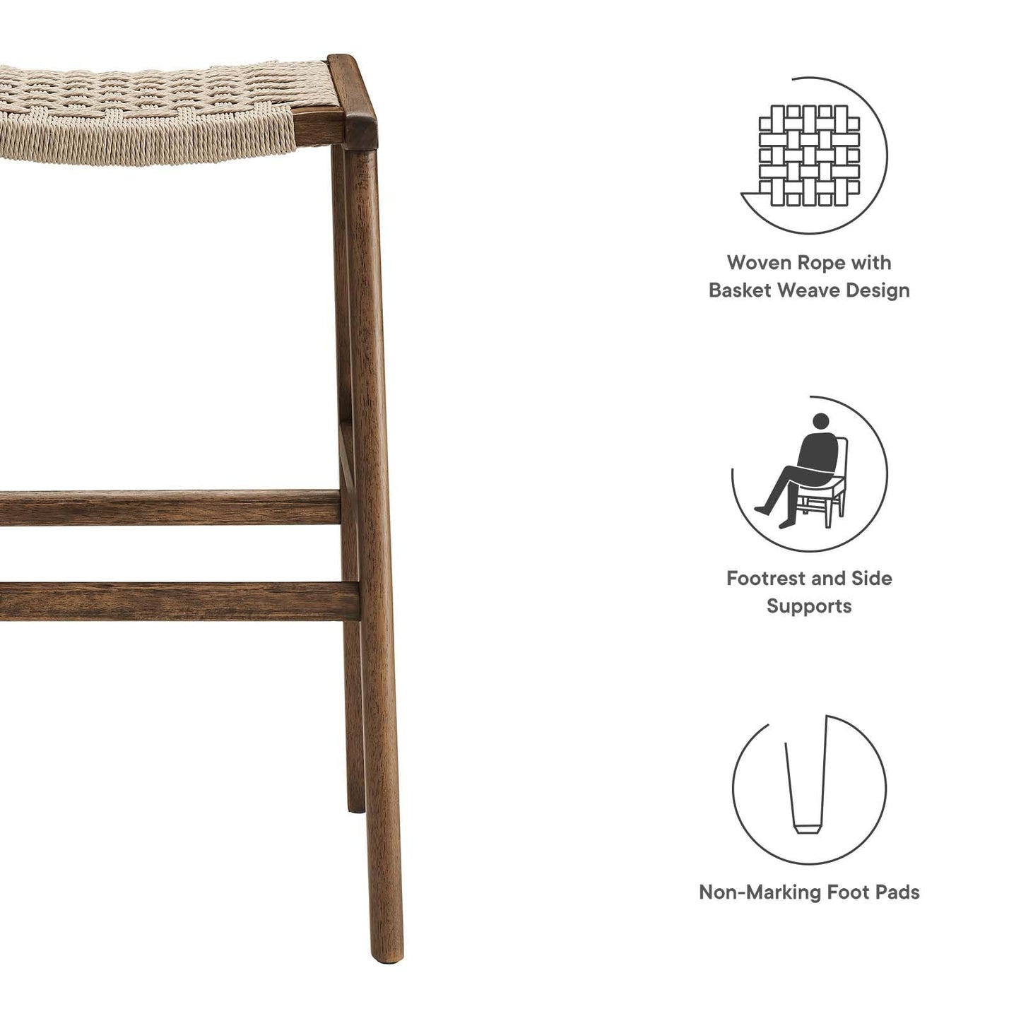 Modway Saoirse Woven Rope Wood Bar Stool - Set of 2 in Walnut Black