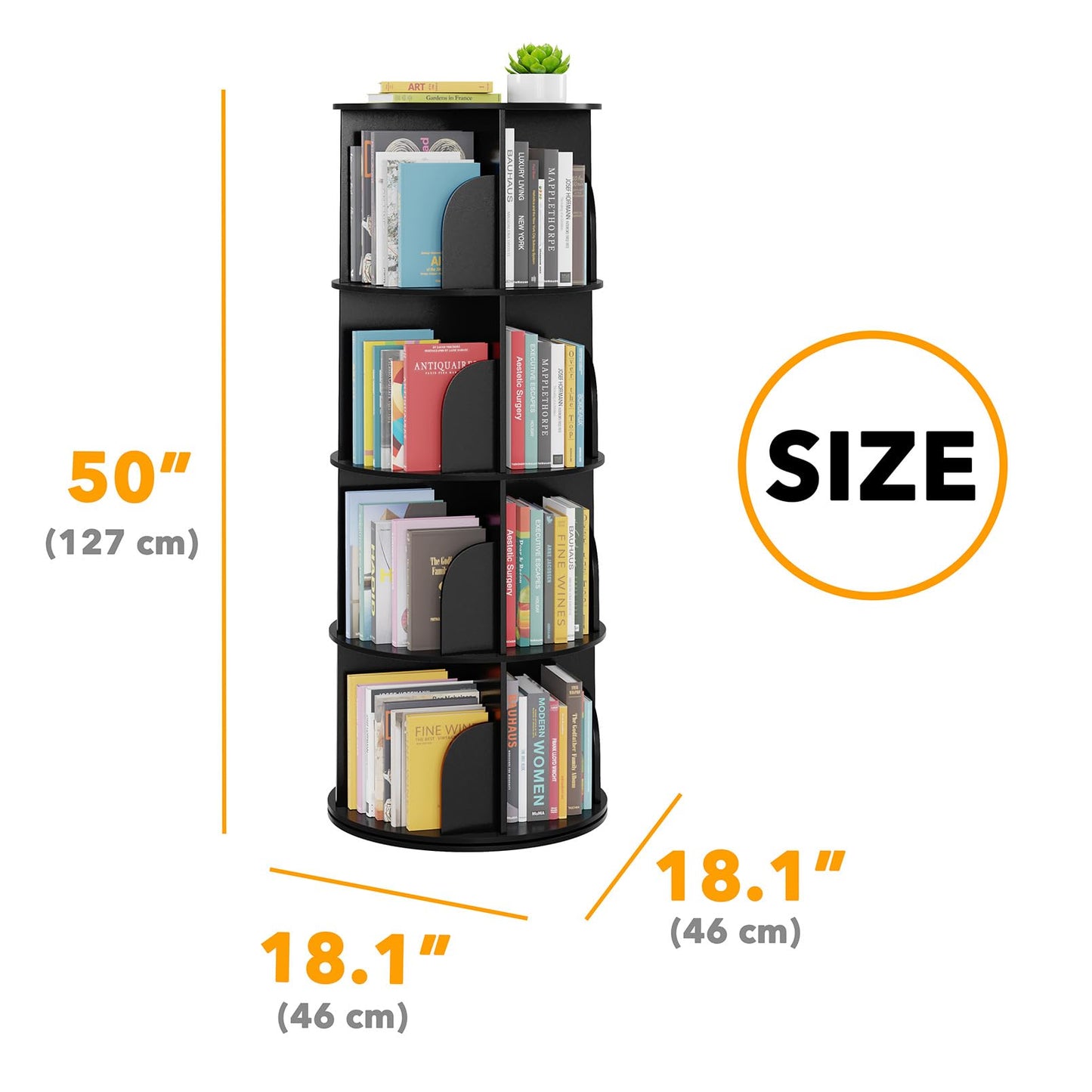 SpaceAid 4 Tier Rotating Bookshelf Tower, Spinning Bookcase Lazy Susan, Revolving 360 Book Shelf Storage Round Carousel, Vertical Rotate Turning Spiral Corner Organizer, Black