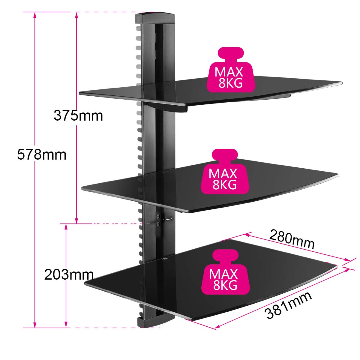 suptek 3 Floating Shelf Wall Bracket with Strengthened Tempered Glass for DVD Players/Cable Boxes/Games Consoles/TV Accessories, 3 Shelves, Black, CS303
