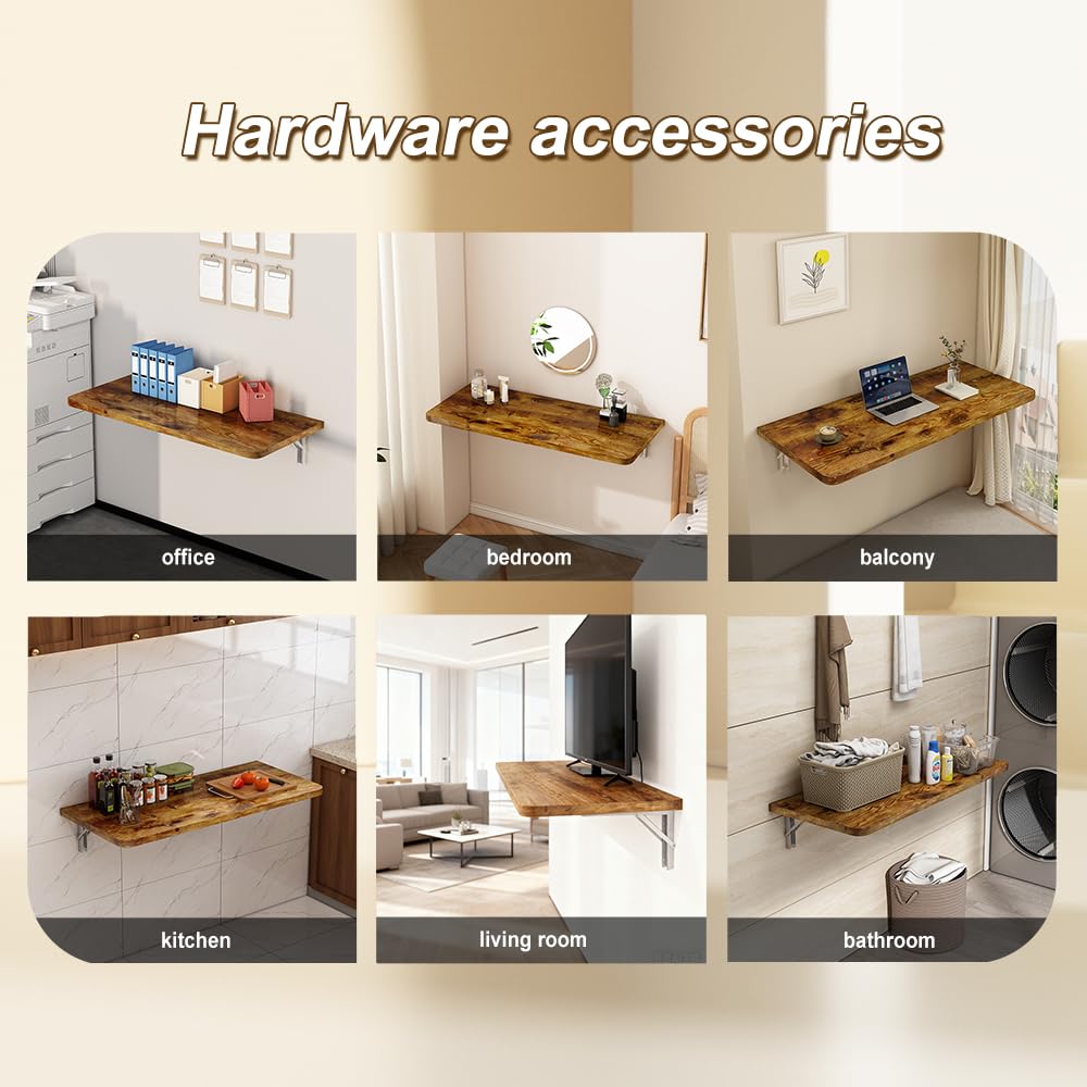 CYGJSYEA Rustic Wall Mounted Folding Table, Solid Wood Floating Desk with Stainless Steel Brackets, Space Saving Shelf for Home Office, Kitchen, Dining, Laundry Room (60X40cm / 23.63"X15.75")