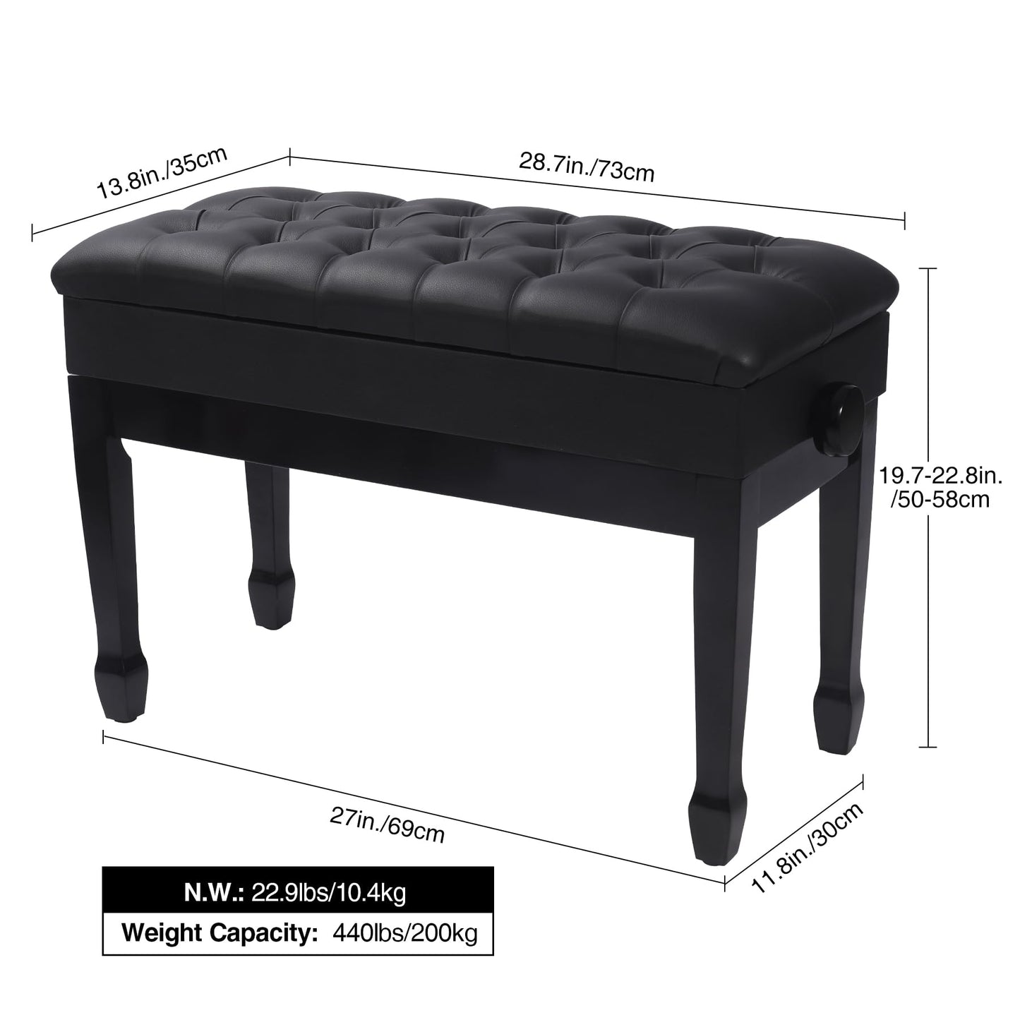 ALAPUR Adjustable Duet Piano Bench with Storage,Heavy Duty Wooden Double Keyboard Piano Bench Seat with PU Leather Cushion,Black