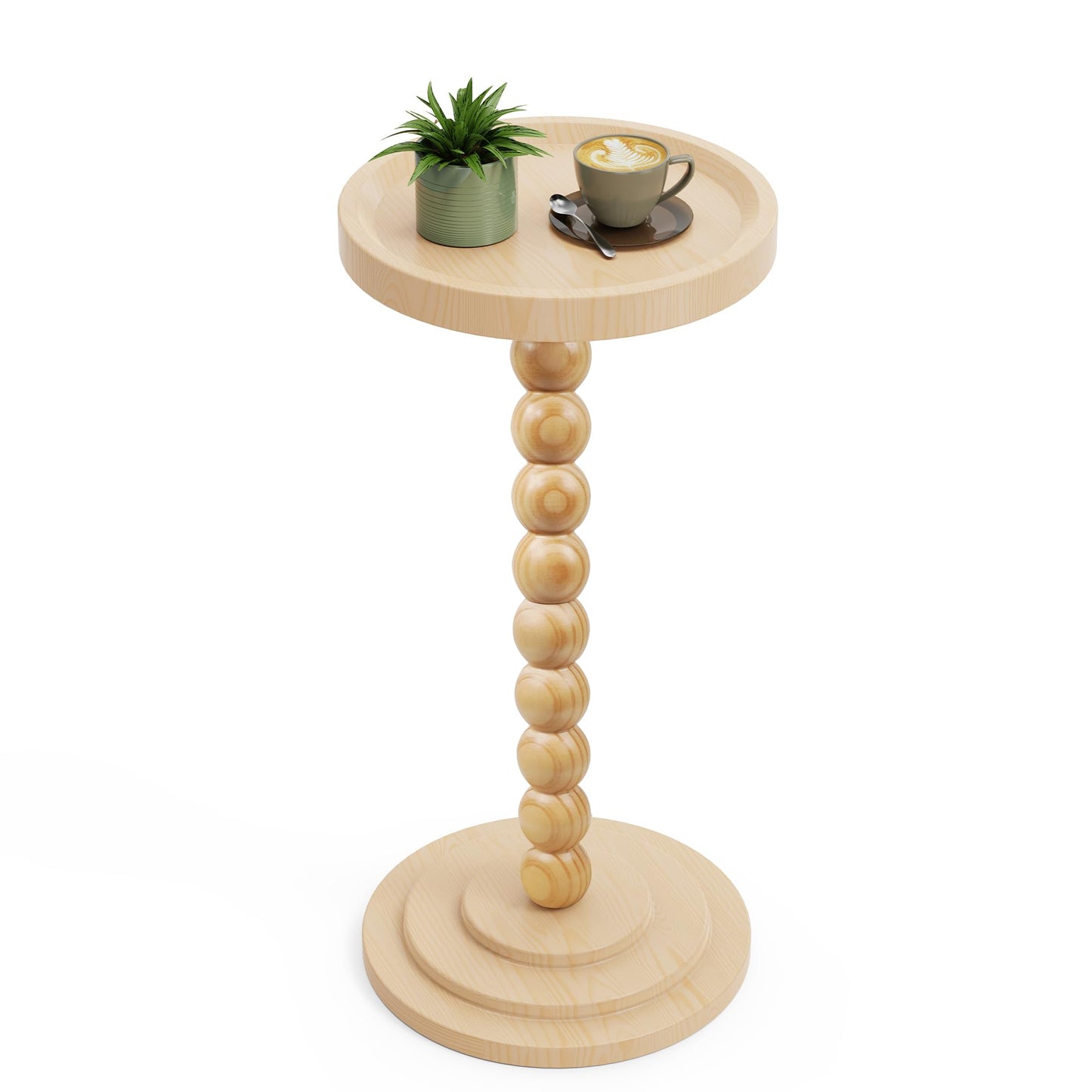 Round Wooden Side Table & Drink Table | Sturdy & Functional Mid-Century Modern Design with Solid Wood Columns for Living Room, Bedroom, Office & More