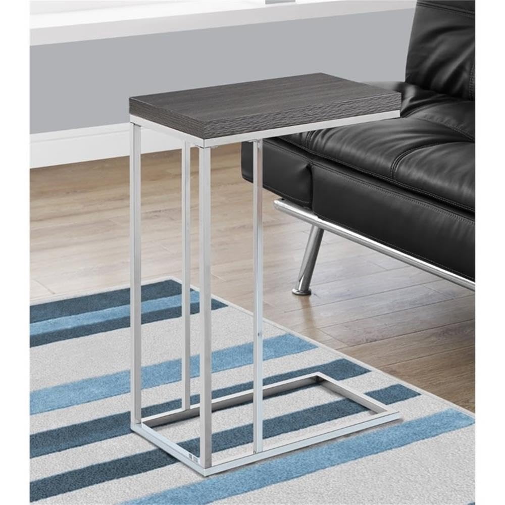 Monarch Specialties I 3228 Accent Table, C-shaped, End, Side, Snack, Living Room, Bedroom, Metal, Laminate, Grey, Chrome, Contemporary, Modern