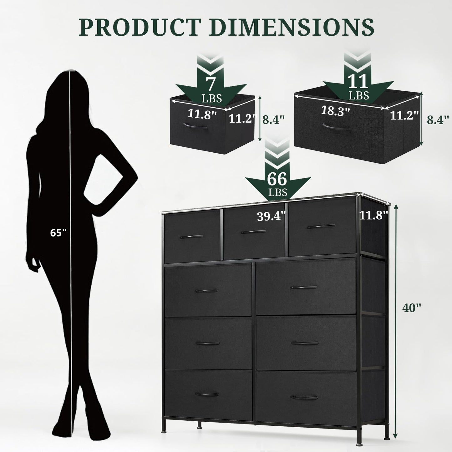 9-Drawer Dresser for Bedroom, Anti-Tip Tall Storage Organizer Chest of Drawers with Wooden Top and Metal Frame Fabric Bins for Closet, Living Room, Hallway, Entryway, Black