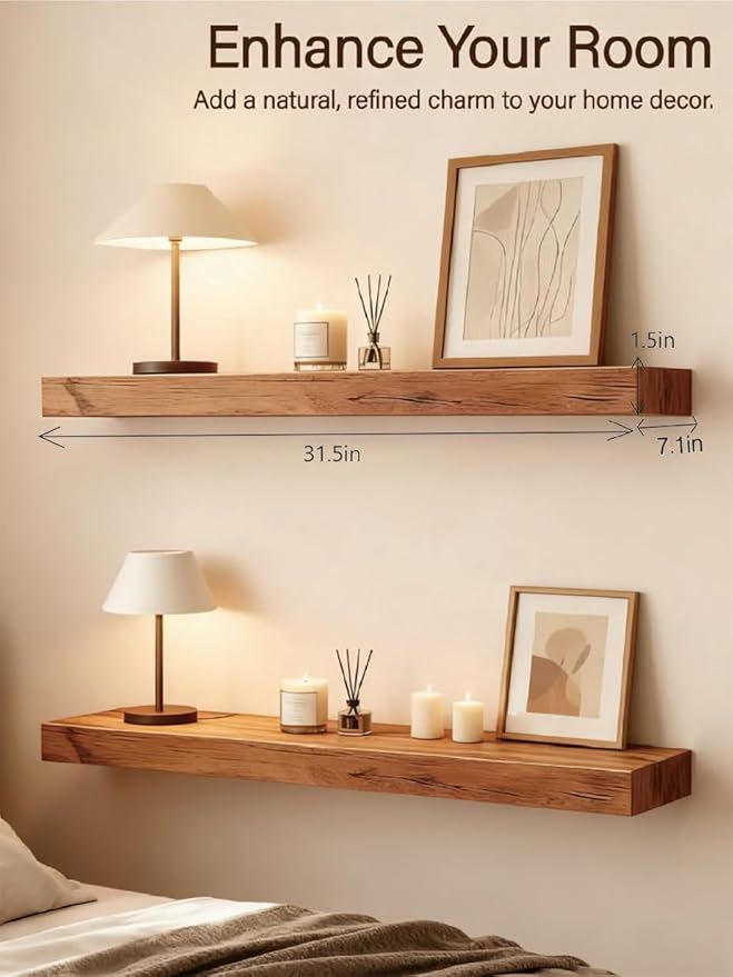 Solid Wood Floating Shelves, 31.5in Finished Real Wood Wall Shelves