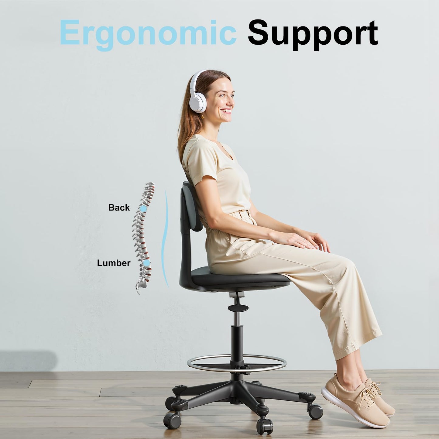 ERGO COLLECT Drafting Chair with Auto-Lock Gravity Wheel,Height Adjustable Standing Desk Chair,Tall Drafting Stool,with Back Support & Foot Rest,No Arms,for Studio,Lab,Office or Home