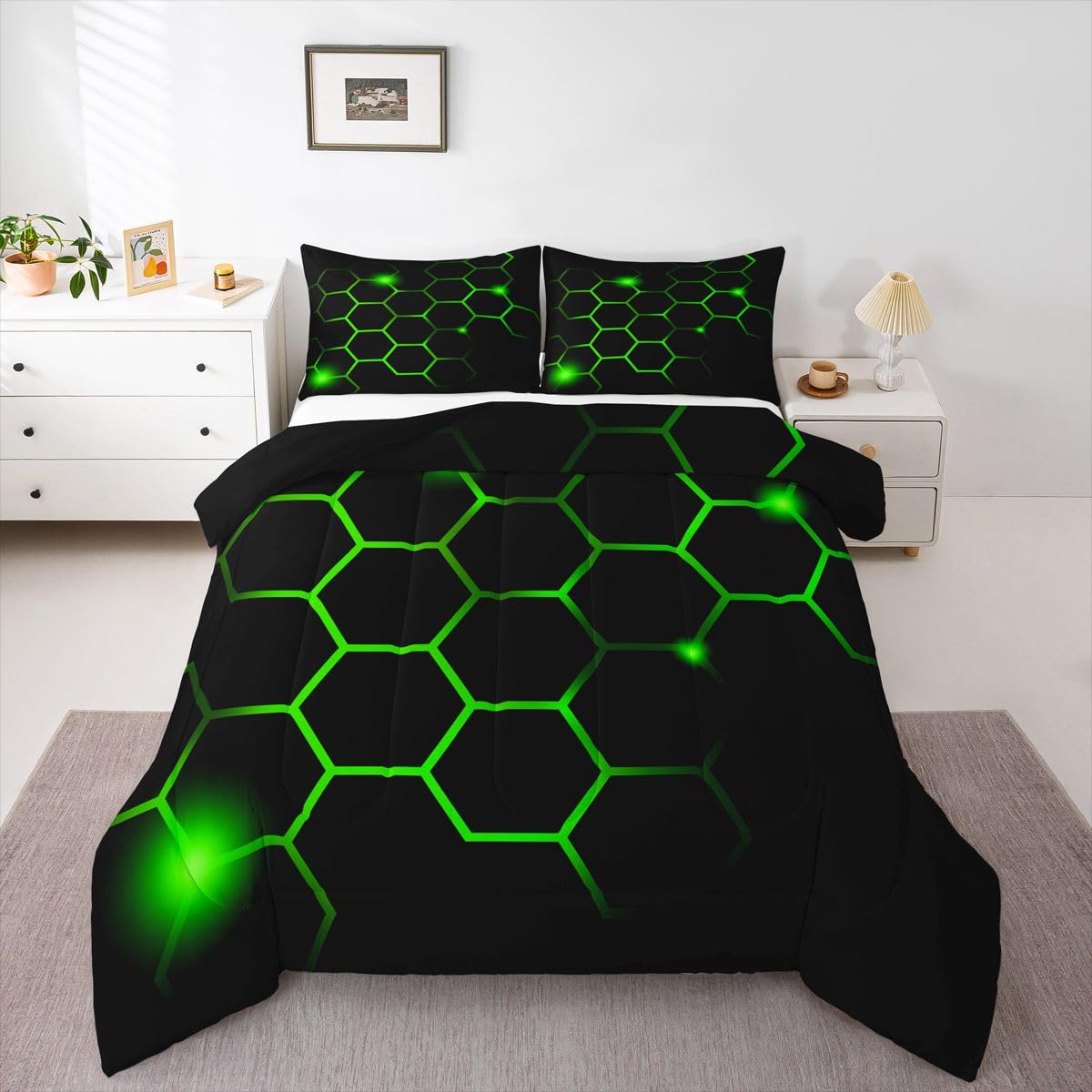 Feelyou Hexagonal Comforter Set Geometric Honeycomb Bedding Set for Kids Adults Neon Green Black Comforter Modern Hexagon Beehive Quilt Set Ultra Soft Room Decor Queen Size Bedroom Collection 3Pcs