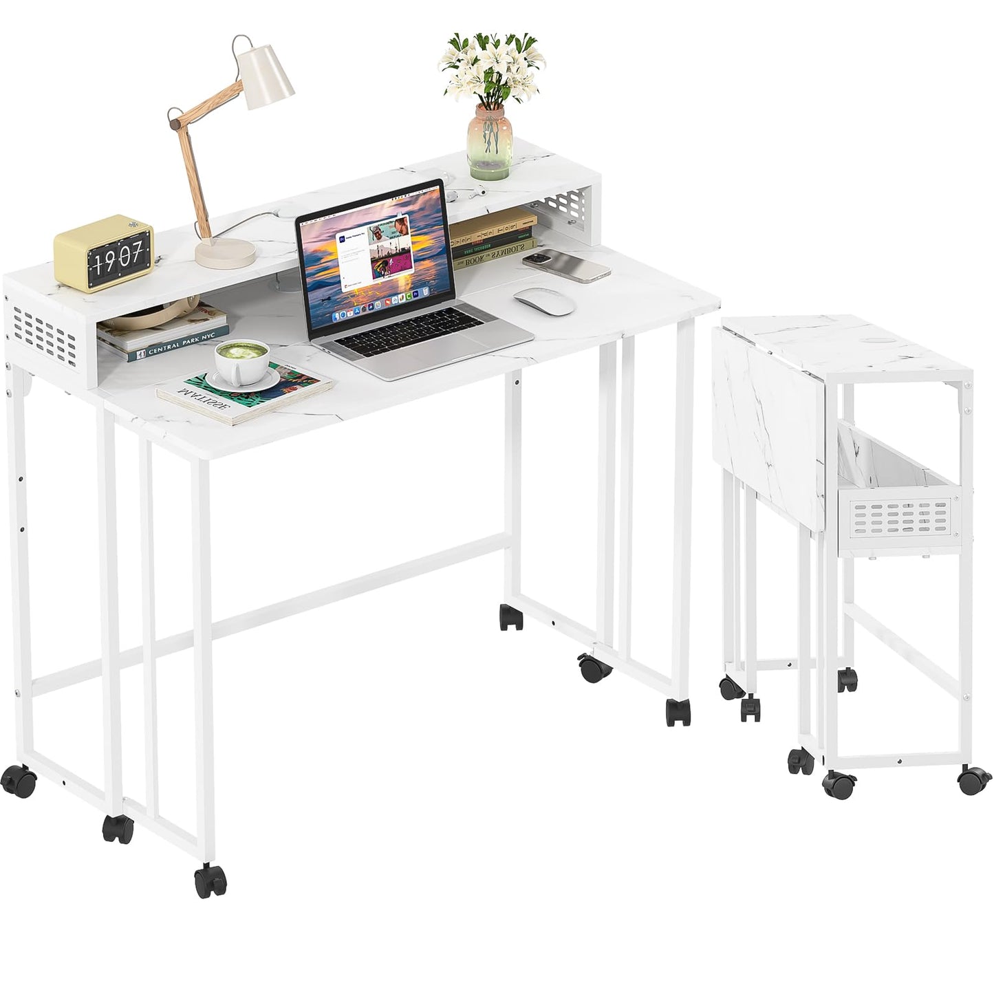 Gezen Folding Desk with Storage Shelf, Mobile Couch Desk Sofa Side Table Bed for Home Office Small Space, White Marble, 31.5
