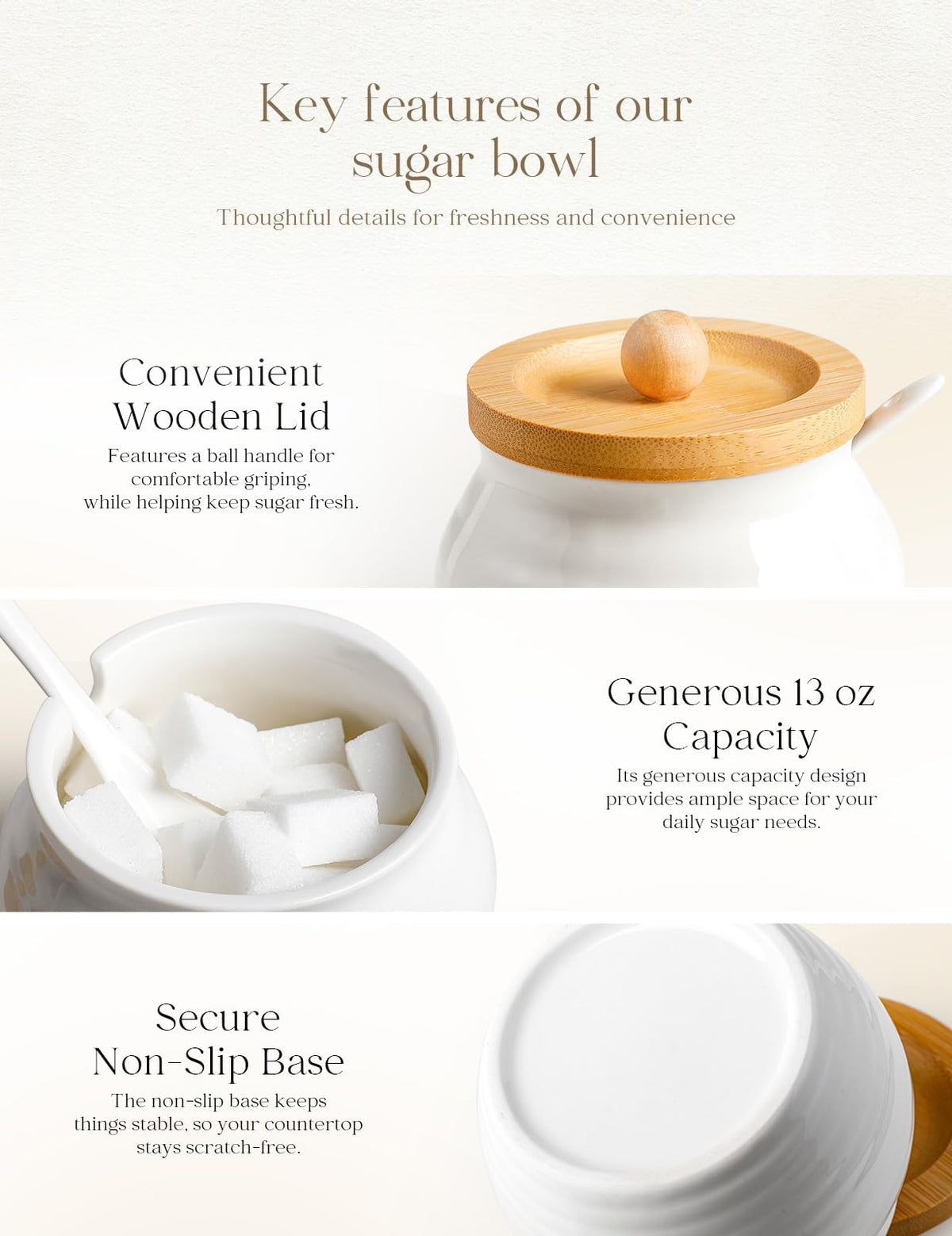 AISBUGUR Sugar Bowl with Lid and Spoon: 13oz Sugar Jar with Bamboo Lid,Ceramic Sugar Container for Coffee Bar - Countertop,Kitchen Decor (White)