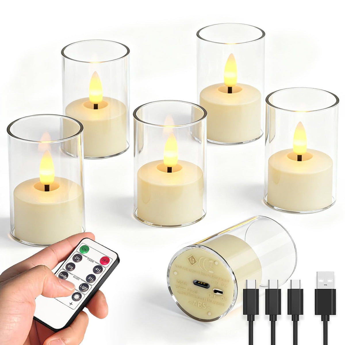 Utwickeln Rechargeable Flameless Tea Light Candles, LED Tea Lights with Remote & 2-8H Timer, 6-Pack, USB-C, Acrylic, White, for Home, Wedding, Dinner Party, Sports Bar Night, Living Room & Hotel