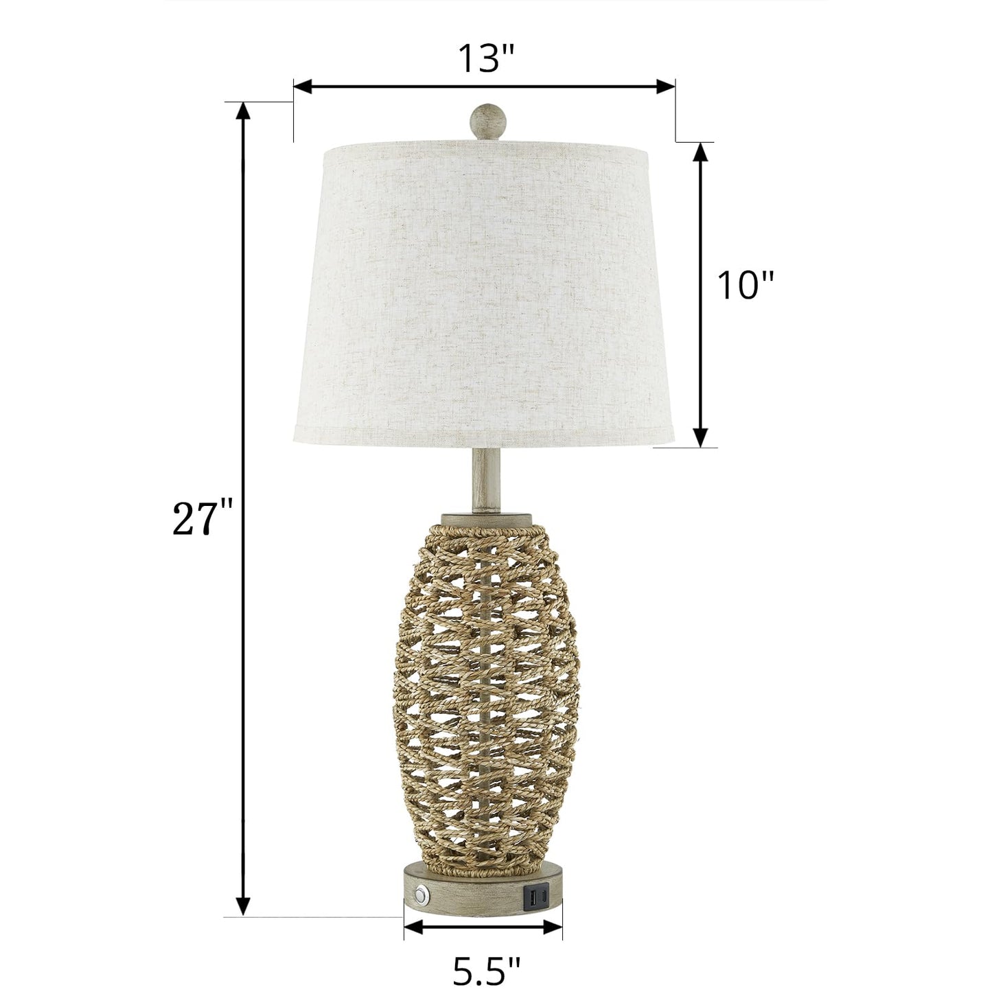 27” Natural Rattan Table Lamps Set of 2,Touch Switch,3-Way Dimmable Bedside Lamps, with A+C USB Charging Ports,Oatmeal Lampshade,Farmhouse Table Lamp for Bedroom, Living Room(2 Bulbs Included)