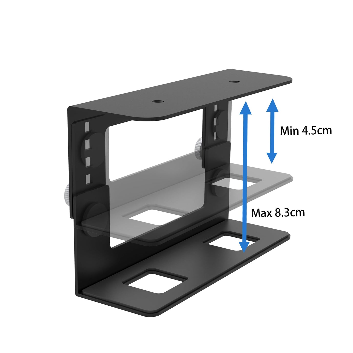 Under Desk Mini PC Mount Bracket – 5-Level Height Adjustable (1.8" to 3.3"), Width-Adjustable Metal CPU Holder for Mac mini M4/Small PCs ,Includes Screws & Positioning Template for Easy Installation