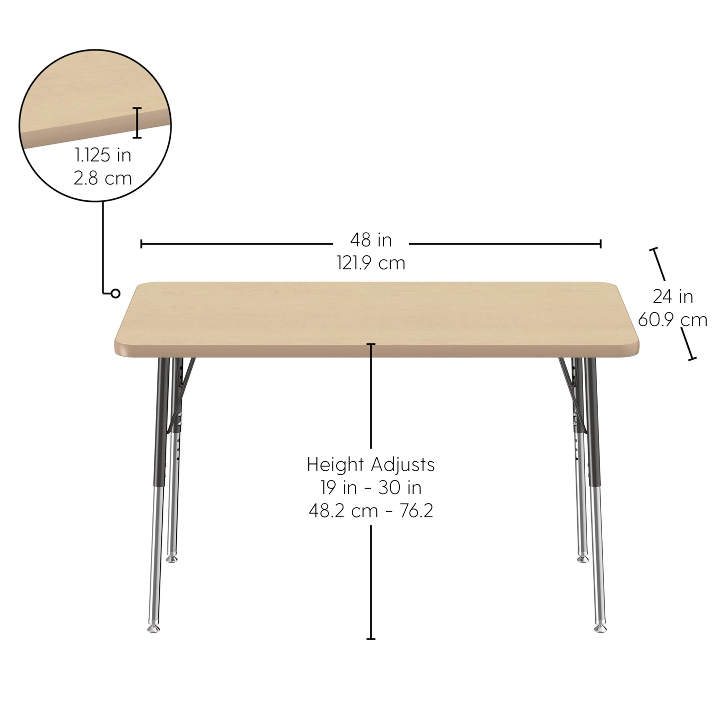 FDP Rectangle Activity School and Office Table (24 x 48 inch), Standard Legs with Swivel Glides, Adjustable Height 19-30 inches - Maple Top and Maple Edge