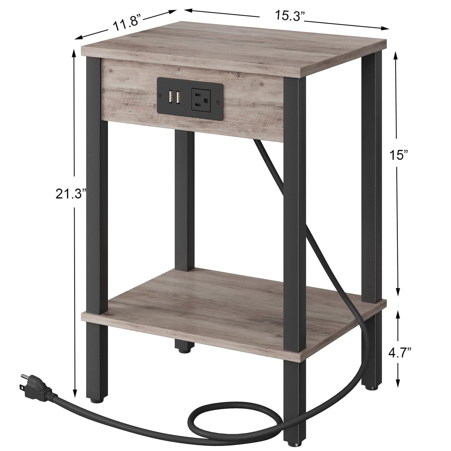 VIMBER Side Table with Charging Station, Set of 2 End Tables with USB Port and Outlets, Nightstands with 2-Tier Storage Shelves, Sofa Table for Small Space, Living Room, Bedroom, Greige