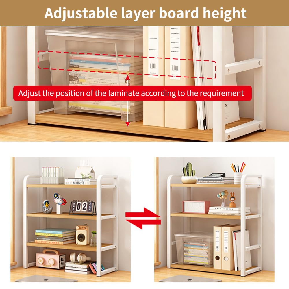 Office Desk Shelf Organizer, Wood Desktop Bookshelf Supplies Storage Rack, Shelf for Top of Desk and Dresser and Cubicle Decor Aesthetic Bookshelf (Black Wood, three Tier 19.69 Lx7.87 Wx22.05 H)