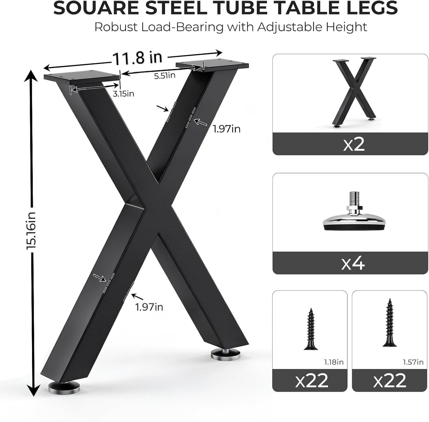 SNYXXOZ Coffee Table Legs 16H x 11.7W Heavy Duty Metal Bench Legs, X- Shape Dining Table Kitchen Table Office Desk Table Base Replacement with Adjustable Feet Pads Screws 1000 LBS Load Black Set of 2