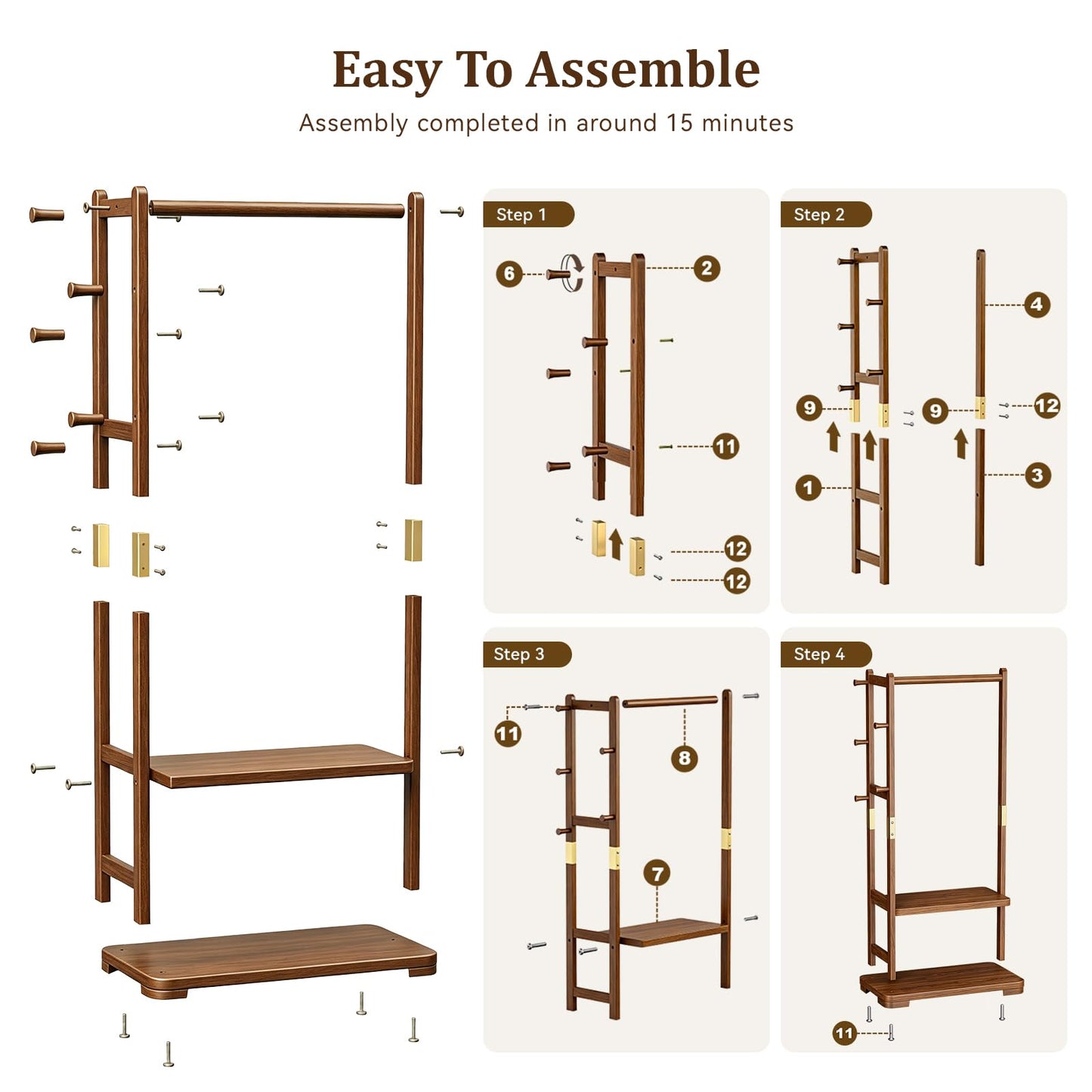 Taitiy Coat Rack Solid Wood Clothes Rack with 2 Shelves & 5 Hooks for Hanging Clothes Garment Wallets Hats, Clothing Rack Coat Rack Freestanding Hall Tree with Storage for Hallway Bedroom Living Room