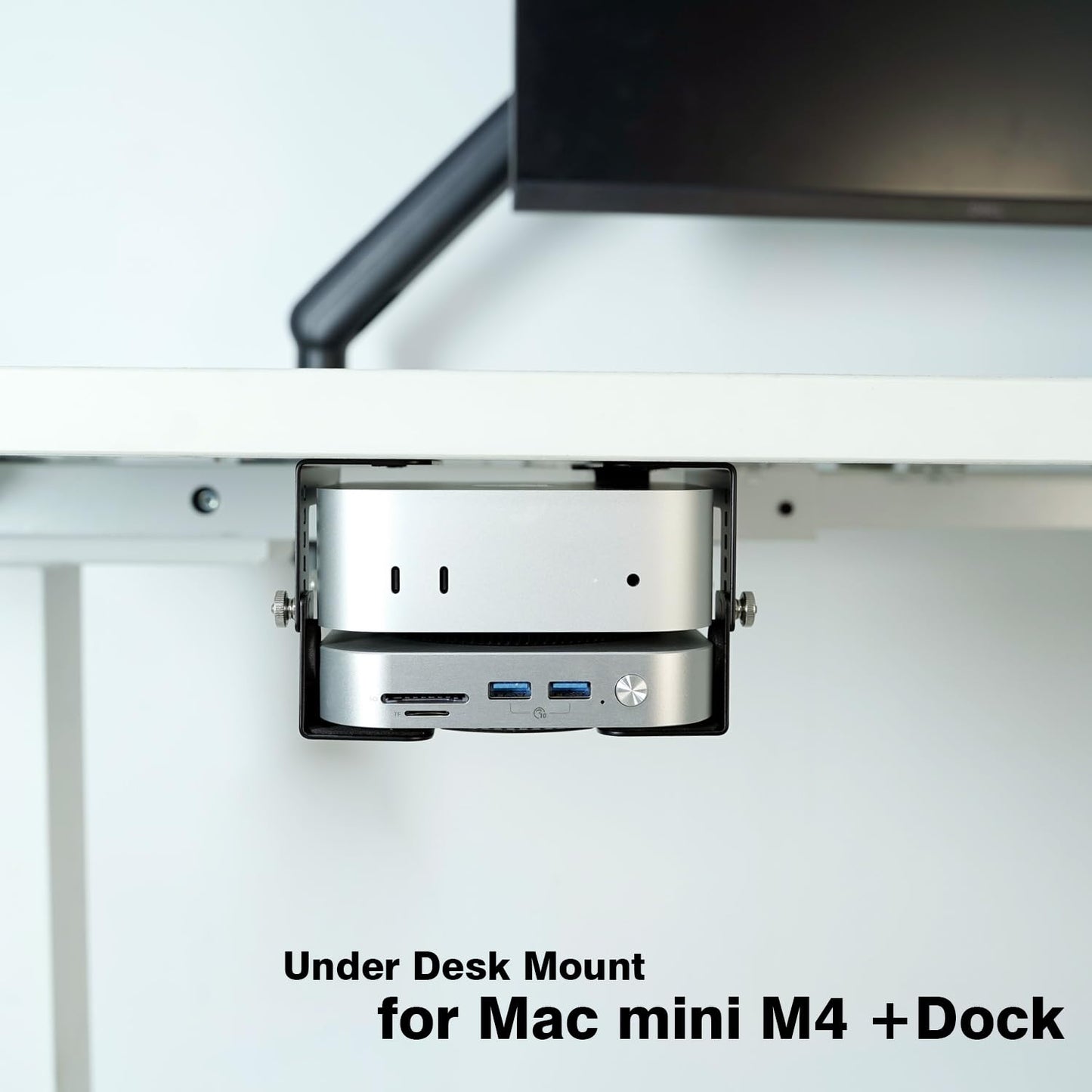 Under Desk Mini PC Mount Bracket – 5-Level Height Adjustable (1.8" to 3.3"), Width-Adjustable Metal CPU Holder for Mac mini M4/Small PCs ,Includes Screws & Positioning Template for Easy Installation