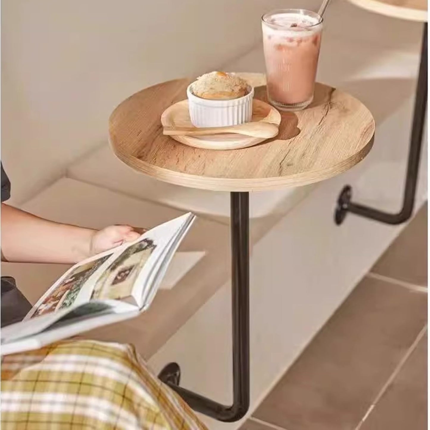 Wall-Mounted Round Table for Café Kitchen or Office - Space-Saving Black Design Ideal for Small Dining Areas Bakery Shops and Workshop Use.