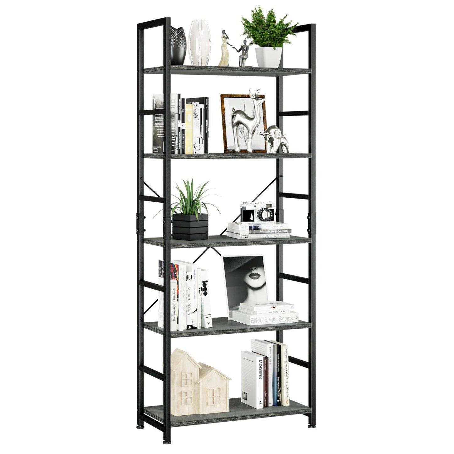 NUMENN 5 Tier Bookshelf, Tall Bookcase Shelf Storage Organizer, Modern Book Shelf for Bedroom, Living Room and Home Office, Dark Grey