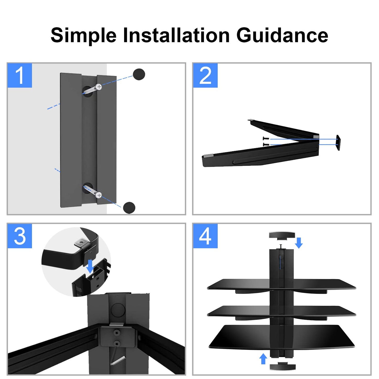 suptek 3 Floating Shelf Wall Bracket with Strengthened Tempered Glass for DVD Players/Cable Boxes/Games Consoles/TV Accessories, 3 Shelves, Black, CS303
