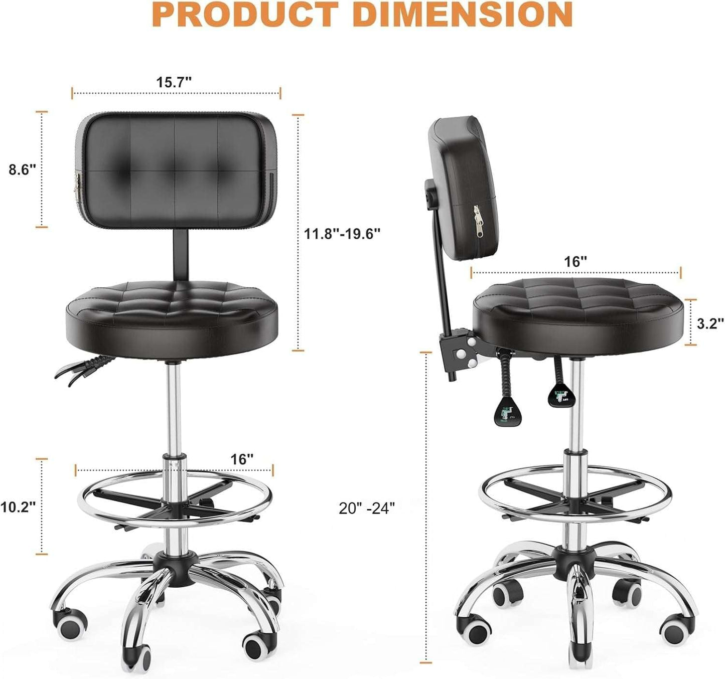 YJHome Rolling Stool, Rolling Stools with Wheels Foot Rest, Backrest Adjustable Height, Heavy Duty 400lbs Weight Capacity, Salon Spa Tattoo Massage Office Swivel Stool Chair (Black)